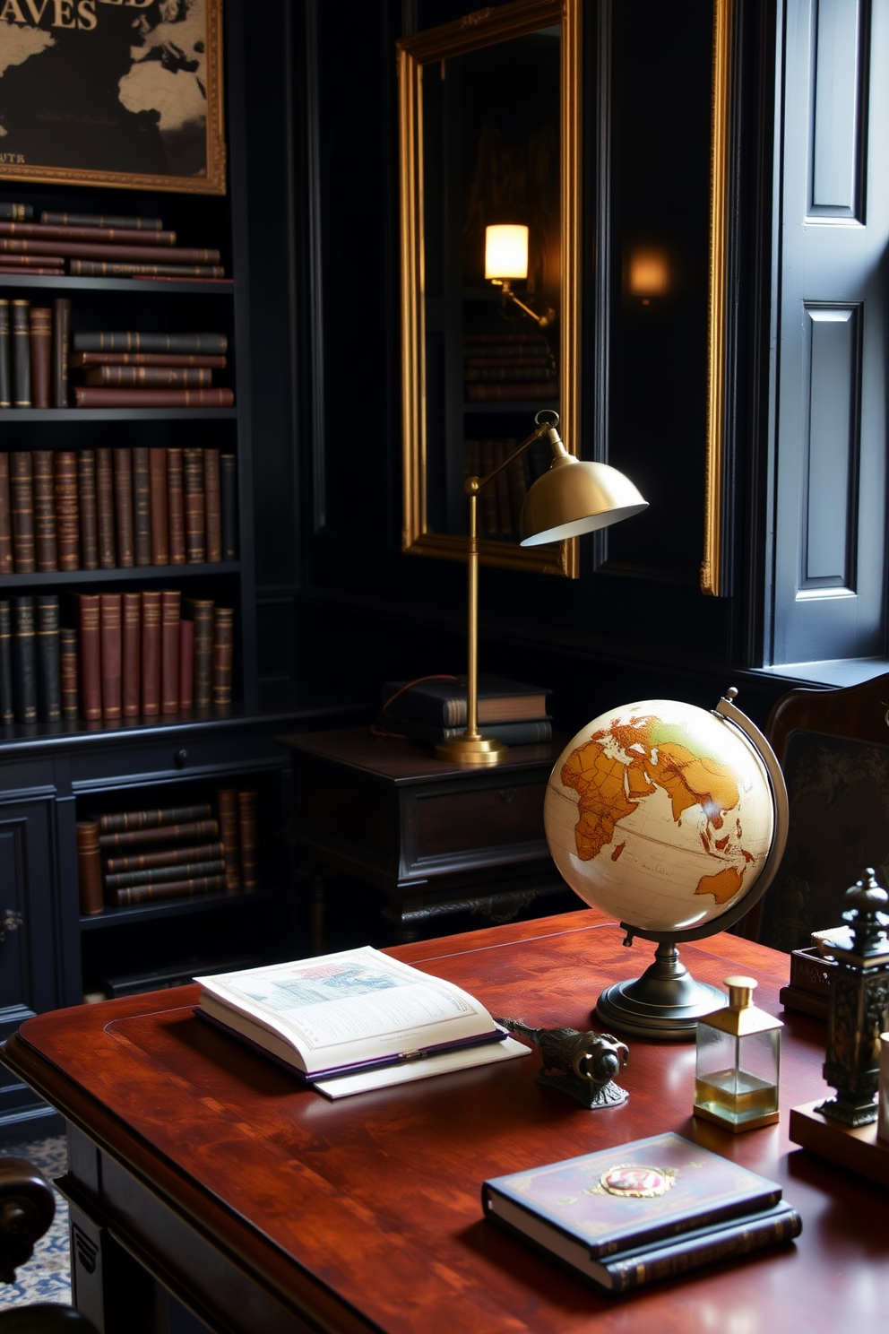 A vintage globe sits elegantly on a polished mahogany desk, surrounded by leather-bound books and antique accessories. The dark study room is enveloped in rich navy walls, with warm lighting emanating from a classic brass desk lamp.