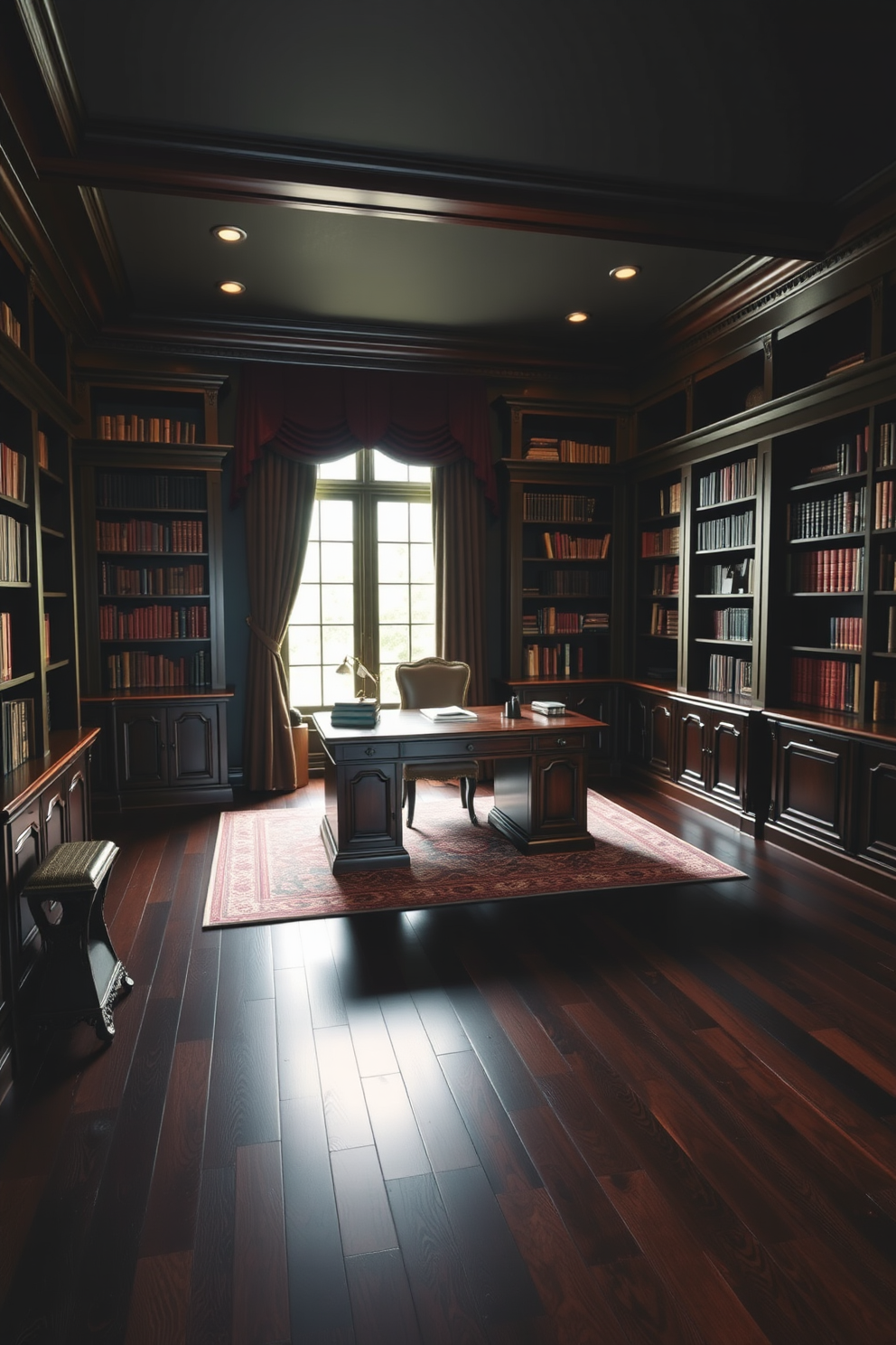 A dark study room featuring dark stained hardwood floors that exude elegance. The room is adorned with rich wood bookshelves filled with books and a large mahogany desk positioned in front of a window dressed with heavy drapes.