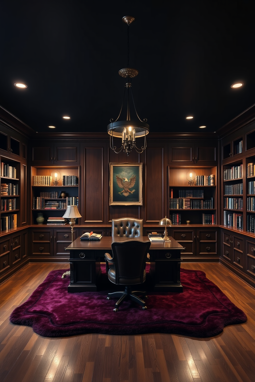 A dark study room with layered lighting that creates a warm and inviting atmosphere. The room features elegant pendant fixtures hanging from the ceiling, providing both ambient and task lighting. Rich wood paneling covers the walls, and a plush, deep-colored rug lies beneath a large, antique desk. A comfortable leather chair sits at the desk, and bookshelves filled with books line the walls, adding character to the space.