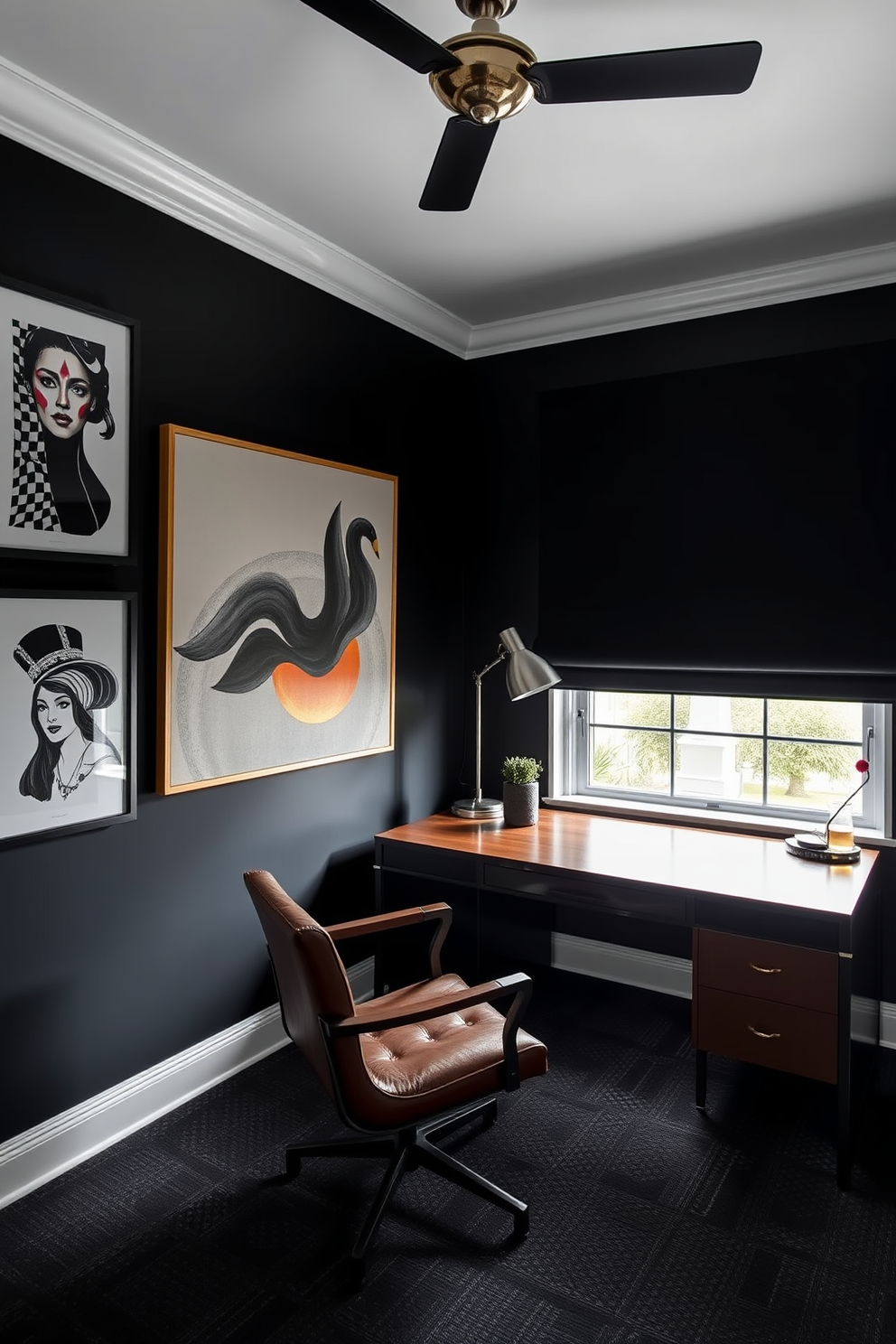 A dark study room with a bold black accent wall adorned with striking artwork. The room features a sleek wooden desk positioned under a large window, complemented by a comfortable leather chair.