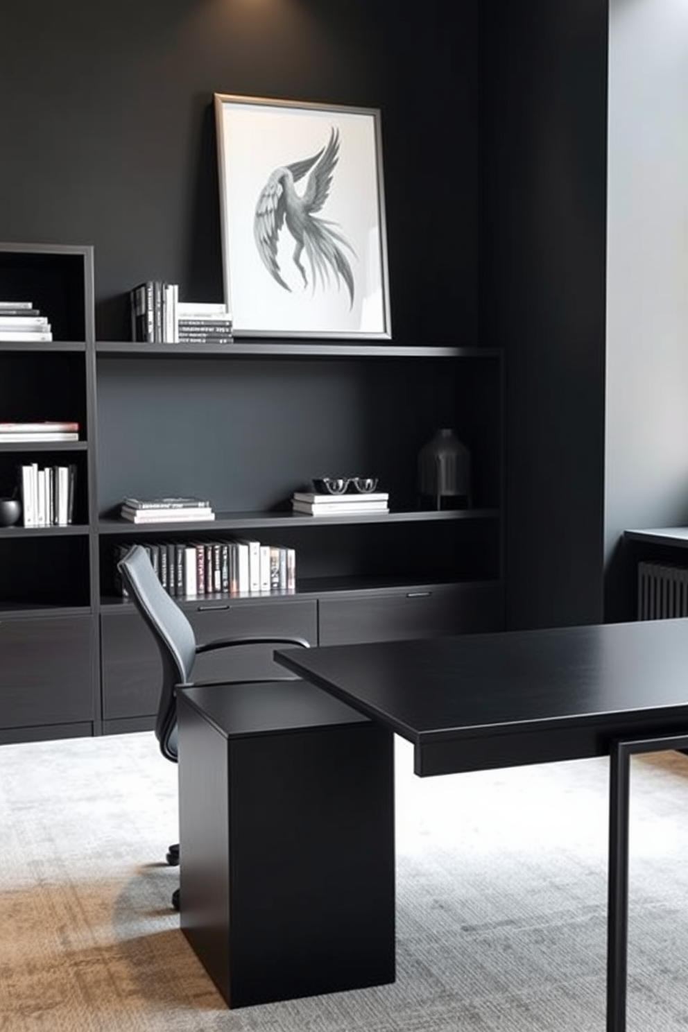 Sleek dark furniture with a minimalistic design creates a sophisticated atmosphere in a study room. The walls are painted in a deep charcoal color, enhancing the modern aesthetic of the space. A large black desk with clean lines is positioned against the wall, paired with a comfortable ergonomic chair. Shelves made of dark wood hold a curated selection of books and decorative items, maintaining a tidy and uncluttered look.