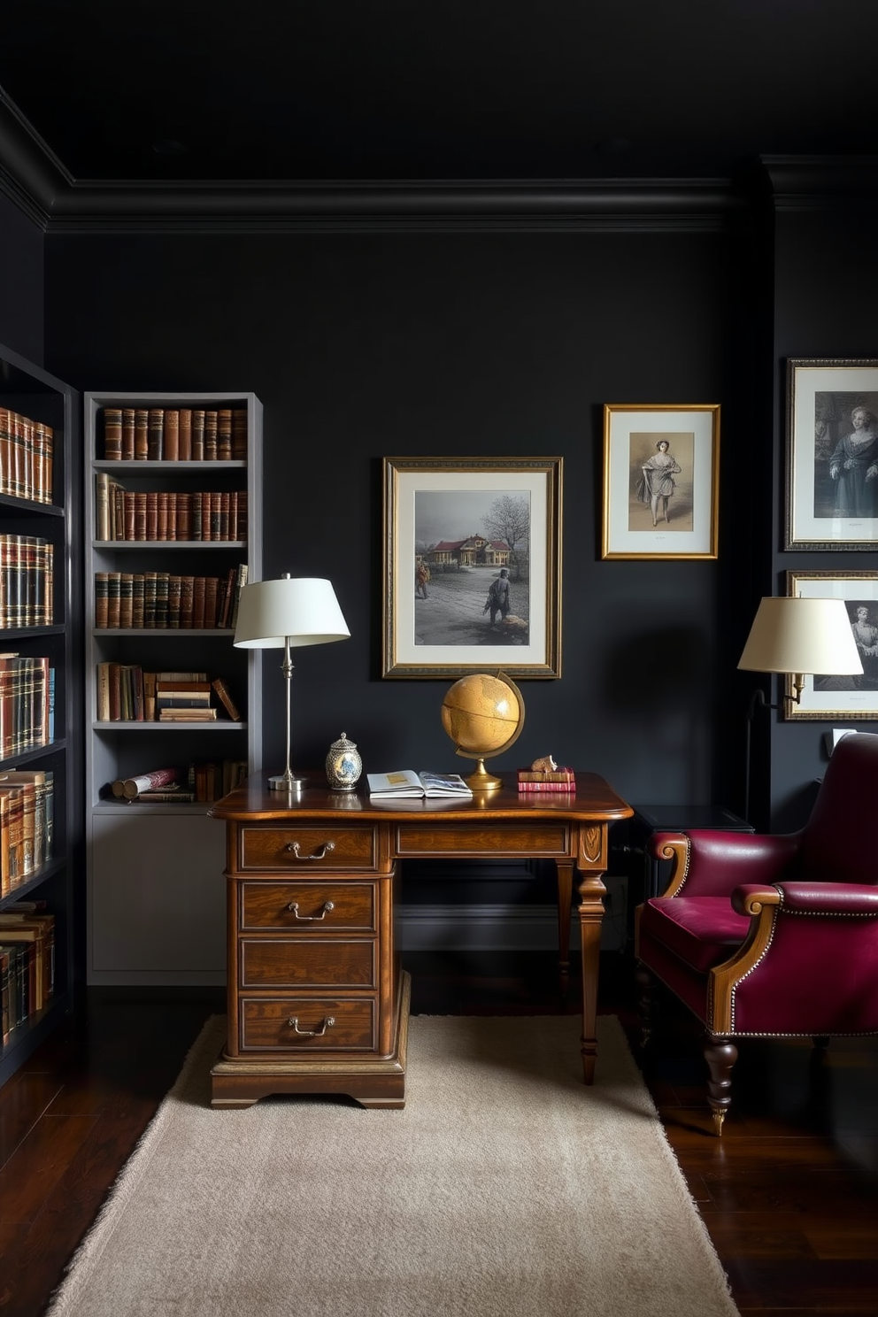 A dark study room with rich wooden bookshelves lining the walls, filled with an array of books and decorative items. A large, deep green rug covers the floor, providing warmth and contrast against the dark hardwood. In the center of the room, a sleek black desk is paired with a comfortable leather chair, creating an inviting workspace. Dark green plants are strategically placed around the room, adding a vibrant pop of color and life to the sophisticated atmosphere.