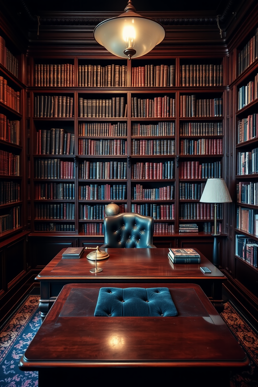 A dark study room featuring rich mahogany bookshelves filled with an array of books. A large wooden desk sits in the center, adorned with a vintage brass lamp and a dark velvet cushion for added comfort.