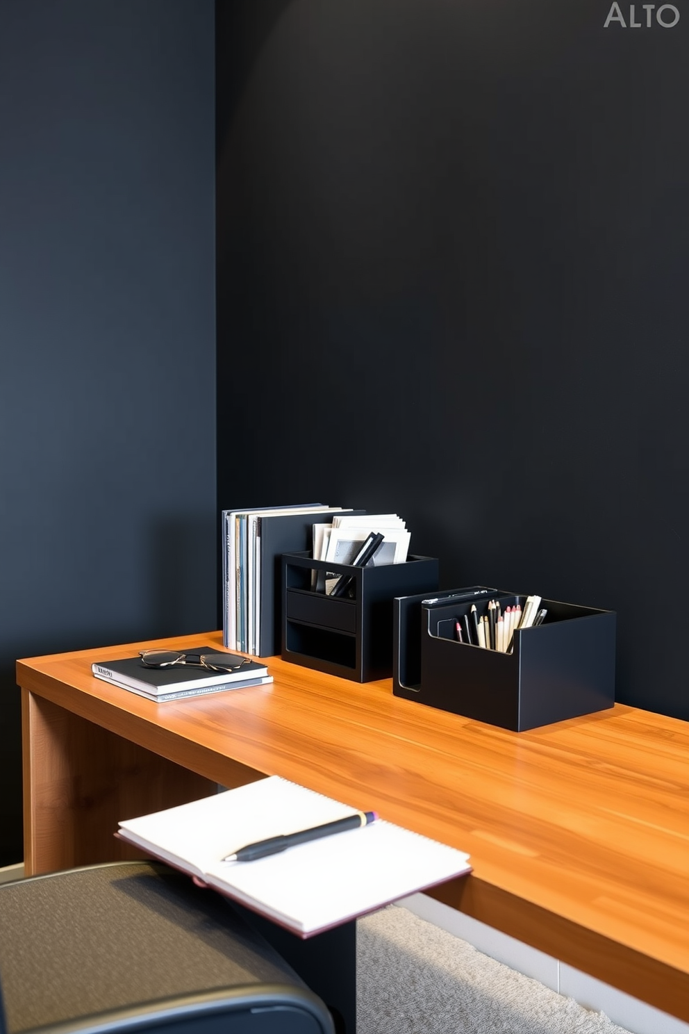 A dark study room with mood lighting that creates an inviting atmosphere. The walls are painted in a deep navy blue, and plush dark wood bookshelves line the sides, filled with books and decorative items. Dimmable fixtures are strategically placed to highlight the workspace while providing soft ambient light. A large wooden desk sits in the center, accompanied by a comfortable leather chair, and a stylish floor lamp adds to the cozy feel.