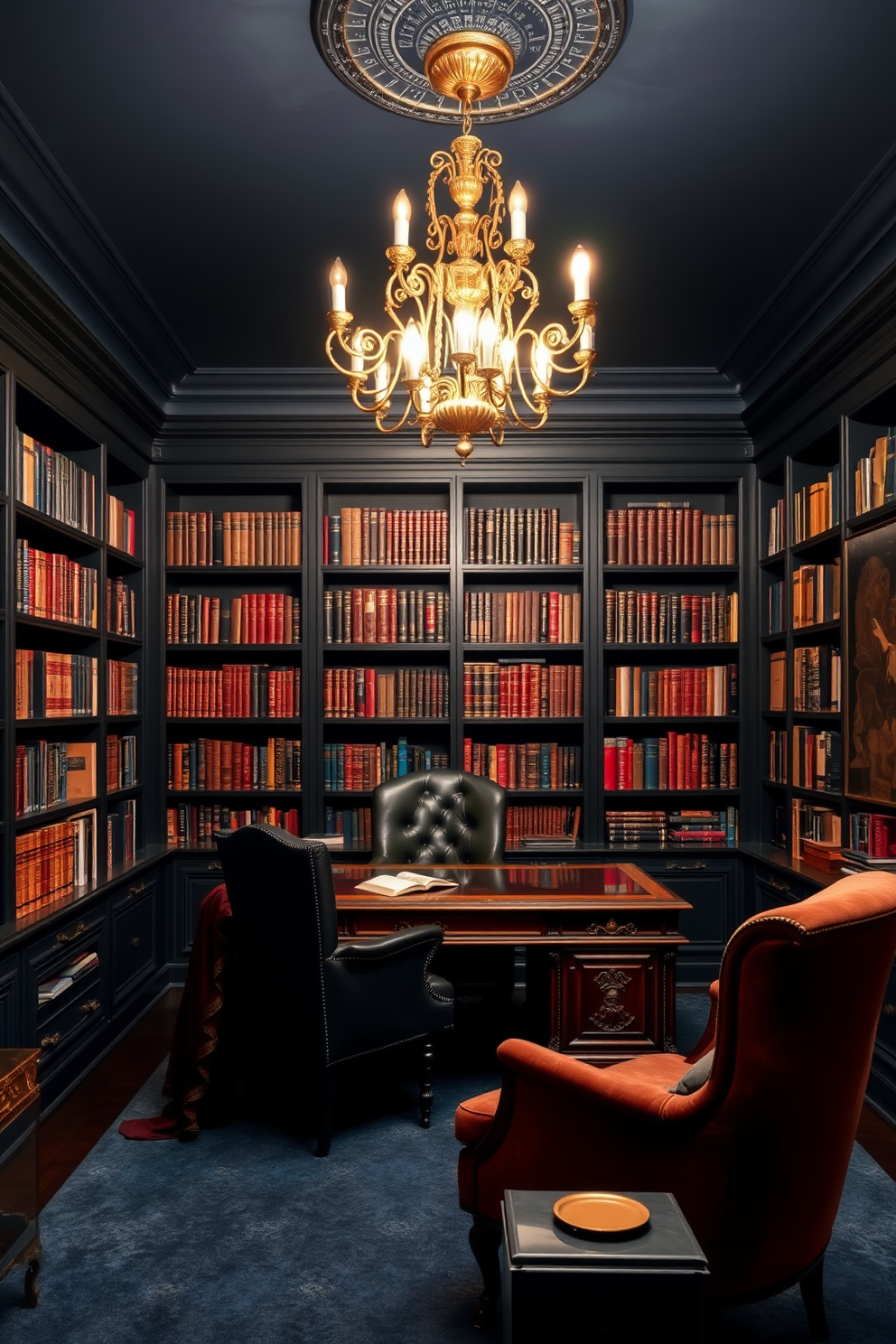 A dark study room with rich navy walls and gold accents creates a luxurious atmosphere. The room features a large mahogany desk with intricate carvings and a plush leather chair facing a wall of built-in bookshelves filled with classic literature. A stylish gold chandelier hangs from the ceiling, illuminating the space with a warm glow. A cozy reading nook is set up in one corner with a velvet armchair and a small side table, perfect for enjoying a cup of tea.