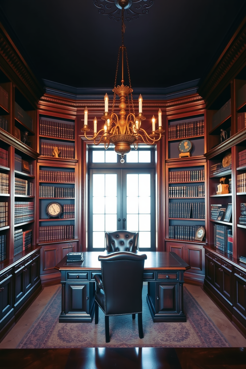 An elegant chandelier hangs from the ceiling, casting a warm glow over the dark study room. Rich mahogany bookshelves line the walls, filled with leather-bound books and decorative artifacts. A large, dark wooden desk sits in the center, complemented by a plush leather chair. The walls are painted in a deep navy blue, creating a cozy and sophisticated atmosphere.