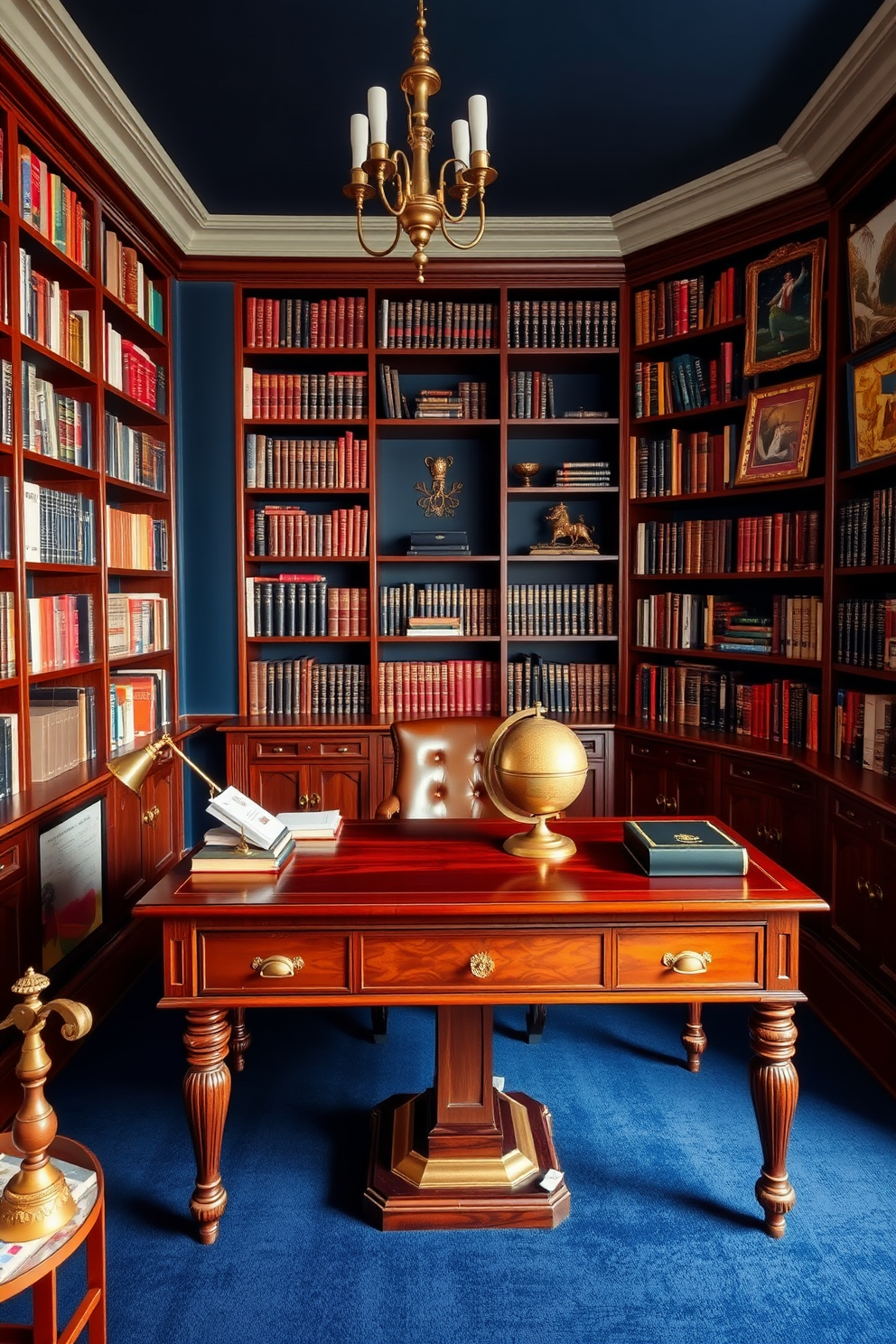 A dark study room featuring rich mahogany bookshelves filled with an array of books. A large mahogany desk sits at the center, adorned with a sleek brass desk lamp and a vintage globe. Warm brass accents highlight the room, including a decorative wall sconce and elegant picture frames. The walls are painted in a deep navy blue, creating a cozy and inviting atmosphere.