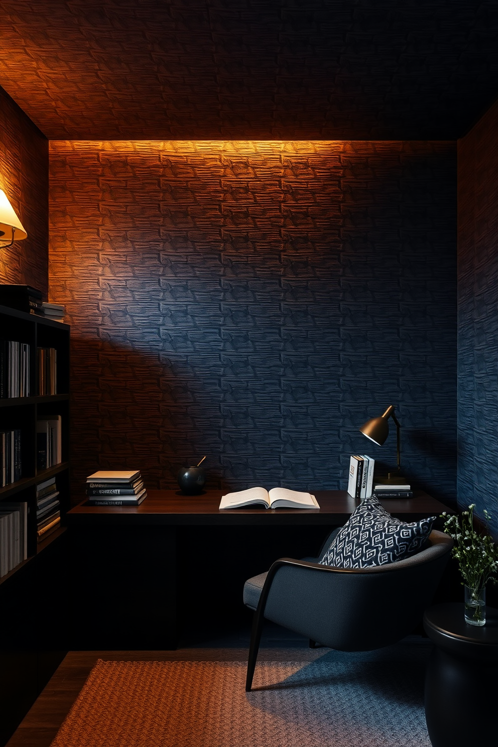 A dark study room featuring textured wallpaper that adds depth and visual interest. The space is illuminated by warm ambient lighting, creating a cozy atmosphere perfect for reading and working.