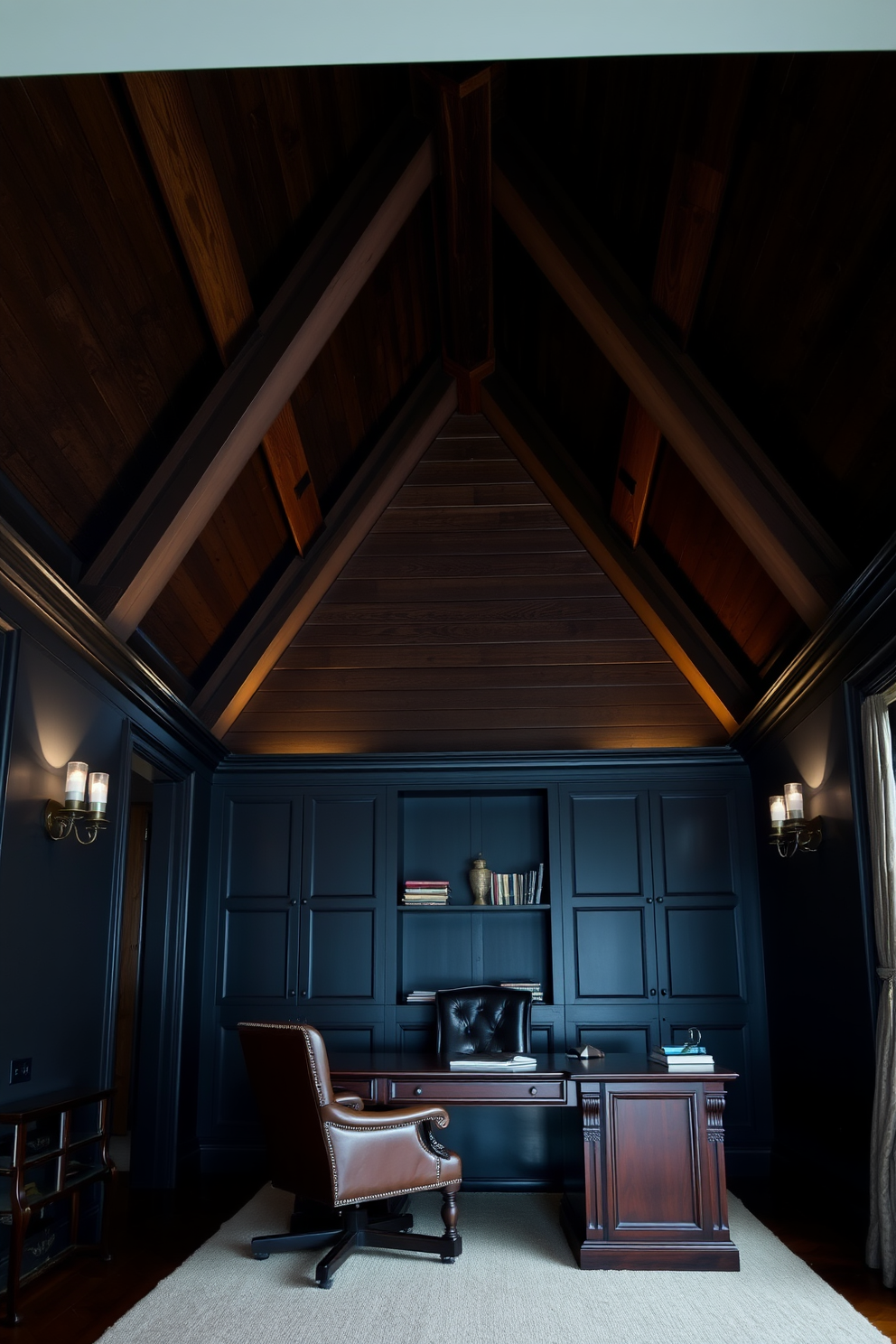 Dramatic ceiling beams create an architectural focal point in a dark study room. The walls are painted in a deep charcoal color, enhancing the rich tones of the wooden beams above. A large, dark wooden desk is positioned against one wall, complemented by an elegant leather chair. Soft ambient lighting from stylish sconces casts a warm glow, inviting productivity and comfort.