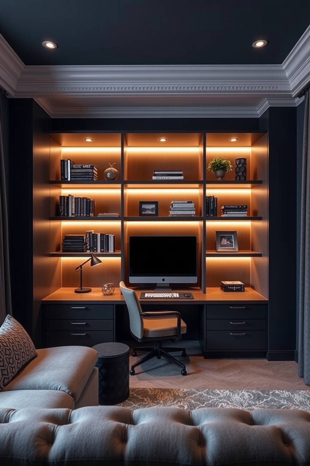 A dark study room featuring geometric patterns on the walls and furnishings. The room is illuminated by soft ambient lighting that highlights the rich textures and shapes of the decor. A sleek black desk is positioned against the wall, adorned with minimalistic accessories. A plush chair with a geometric print complements the overall design, inviting creativity and focus.