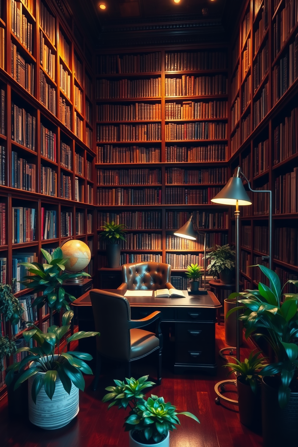 A dark study room filled with rich wooden bookshelves that reach the ceiling, showcasing an extensive collection of books. A large mahogany desk sits in the center, accompanied by a plush leather chair, and a vintage globe rests on one corner. Soft ambient lighting emanates from a stylish floor lamp, casting a warm glow across the space. Potted plants in various sizes are strategically placed around the room, adding a touch of nature and freshness to the dark aesthetic.