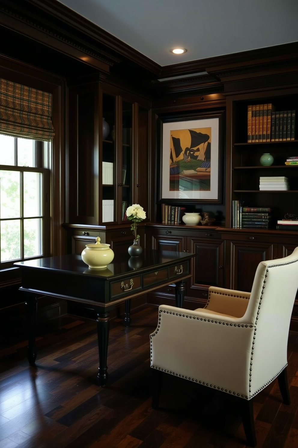 A dark stained desk sits elegantly in the center of a cozy study room. The contrast of the light chair adds a touch of brightness to the rich ambiance of the dark wood surroundings.