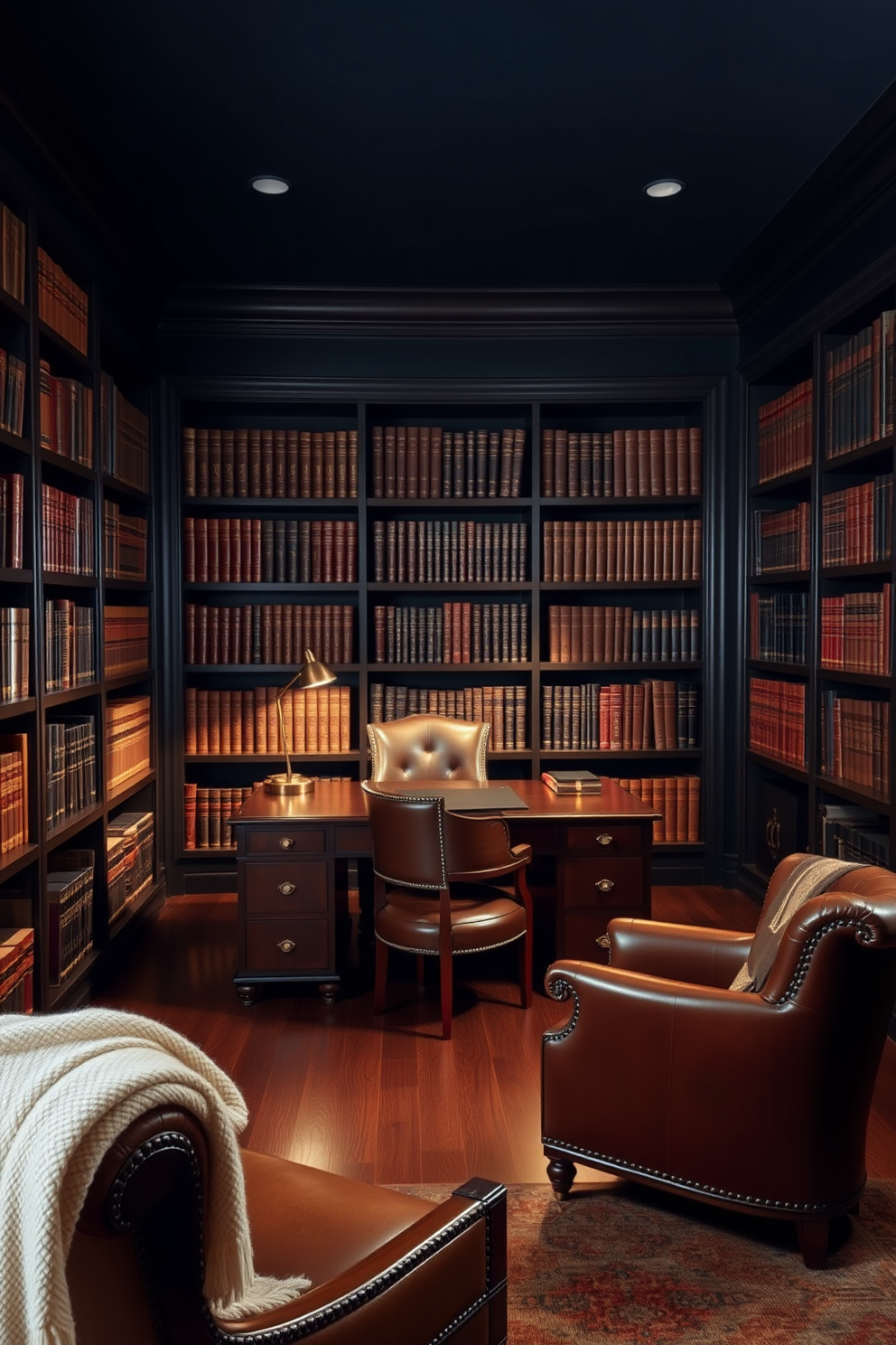 A dark study room filled with rich wooden furniture. A large mahogany desk sits in the center, accompanied by a plush leather chair and a vintage brass lamp that casts a warm glow. The walls are painted in a deep navy blue, creating an intimate and focused environment. Bookshelves lined with leather-bound volumes stretch from floor to ceiling, while a soft throw blanket drapes over the arm of a nearby reading chair.