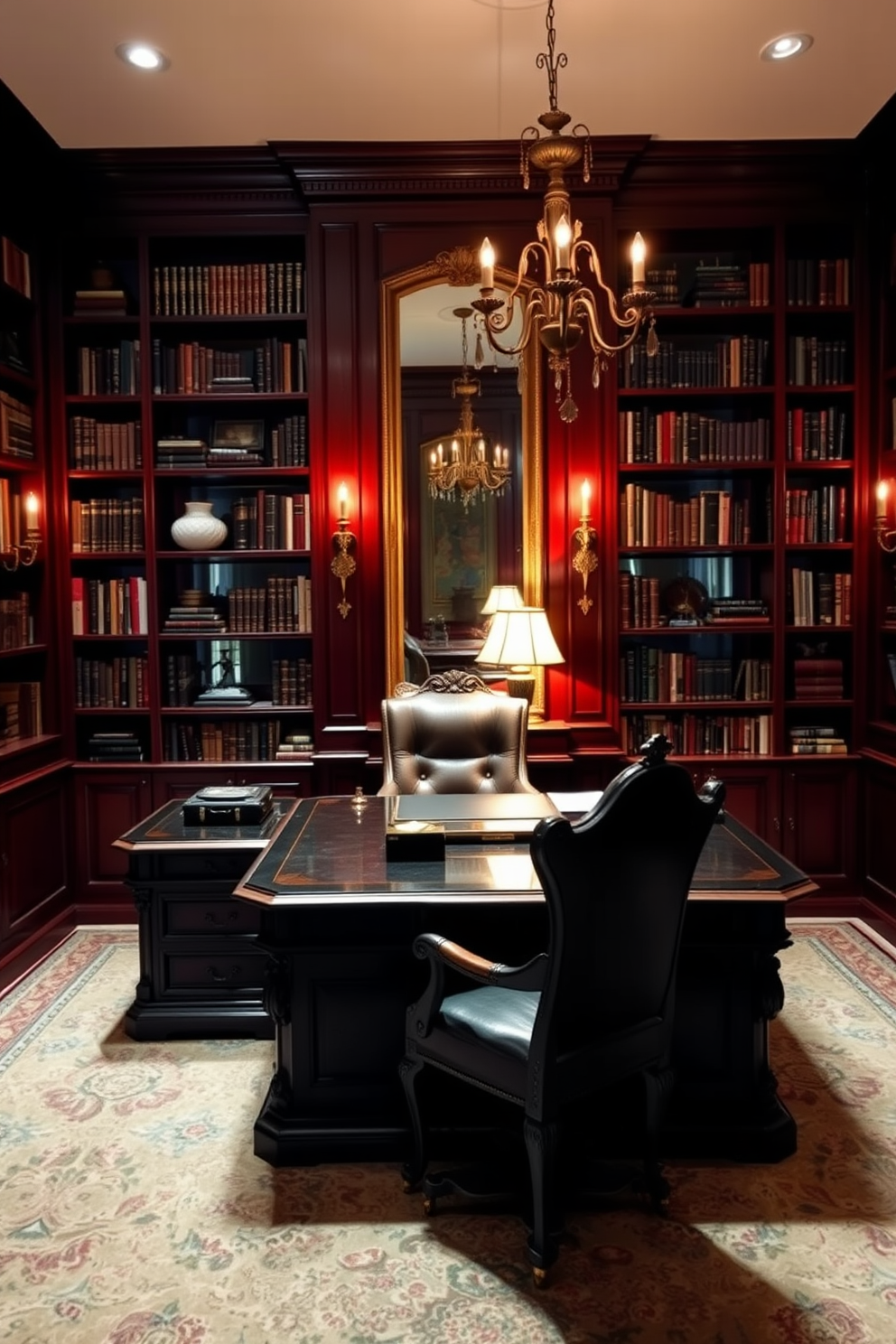 A dark study room with rich mahogany bookshelves lining the walls filled with an array of books and decorative items. A large, ornate desk sits in the center, complemented by a plush leather chair and a vintage brass lamp casting a warm glow. Mirrors are strategically placed to enhance light reflection, creating an illusion of space while maintaining the room's cozy atmosphere. Soft, ambient lighting is incorporated through wall sconces and a central chandelier, adding elegance to the dark color palette.