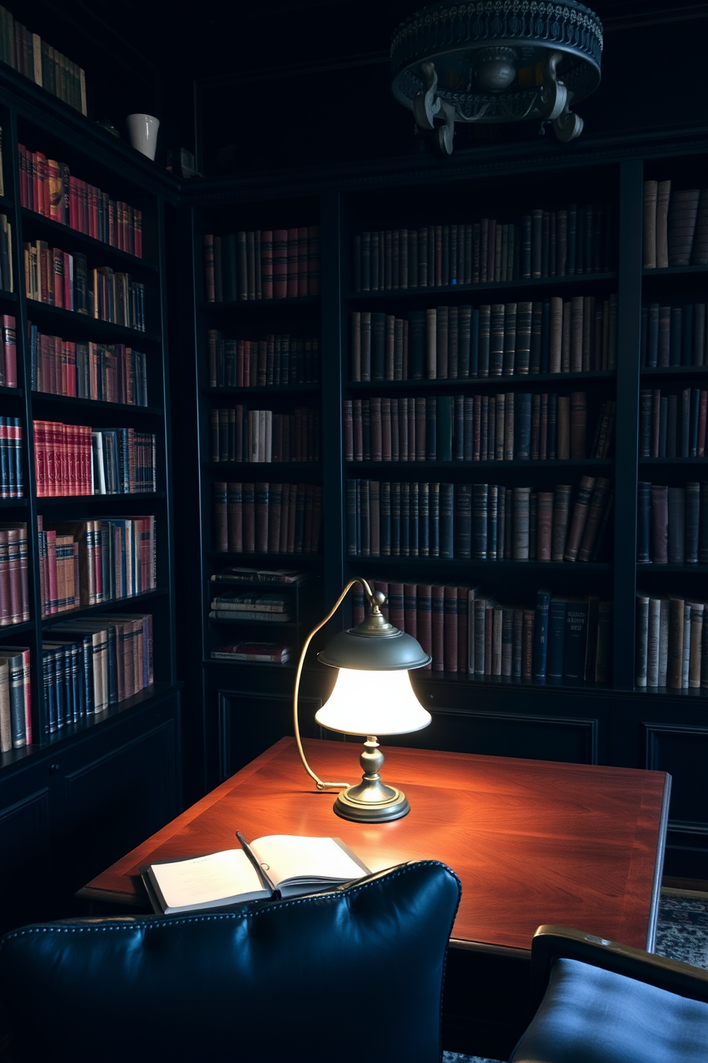 A dark study room featuring black bookshelves filled with colorful books. The walls are painted in a deep charcoal hue, and a plush, dark leather armchair sits in the corner next to a sleek wooden desk.