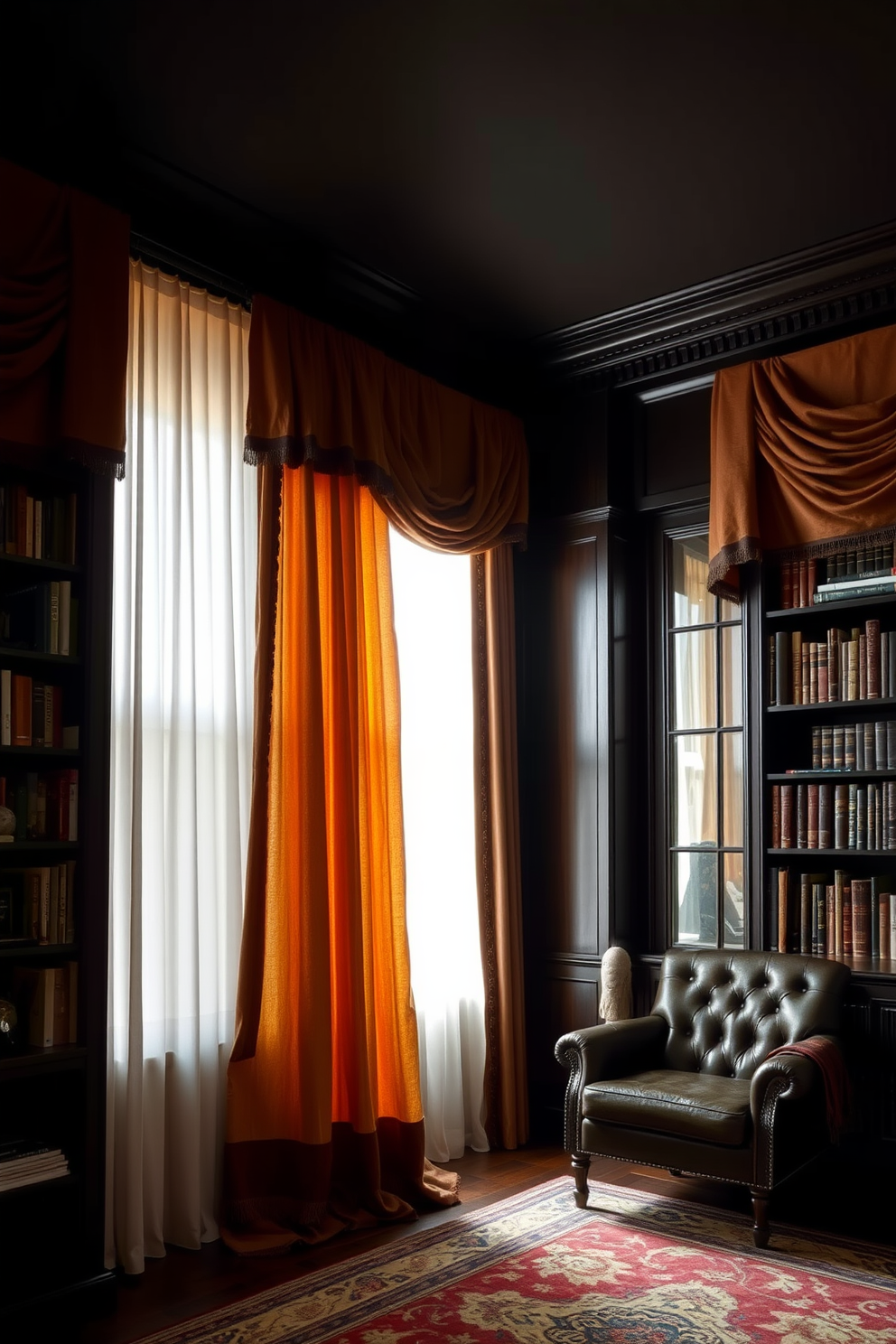 Layered curtains in rich fabrics create depth and texture in a dark study room. The room features dark wood bookshelves filled with books, and a plush leather armchair sits in the corner, inviting quiet contemplation.