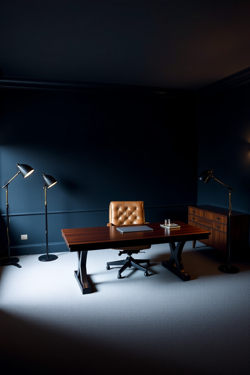 A dark study room featuring mood lighting created by adjustable floor lamps placed strategically around the space. The walls are painted in a deep navy blue, and a large wooden desk sits in the center, complemented by a plush leather chair.