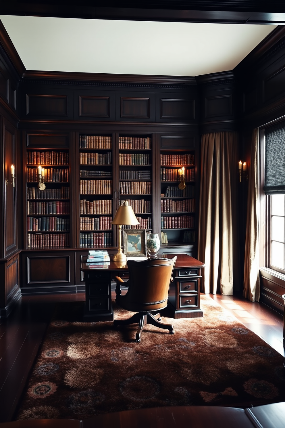 A dark study room featuring deep navy blue walls that create a cozy atmosphere. A large wooden desk with intricate carvings sits in front of a vintage leather chair, illuminated by a stylish brass desk lamp. The room is adorned with moody artwork, including abstract pieces and dark landscapes that evoke a sense of contemplation. Shelves filled with books and decorative items line the walls, while a plush area rug adds warmth to the hardwood floor.