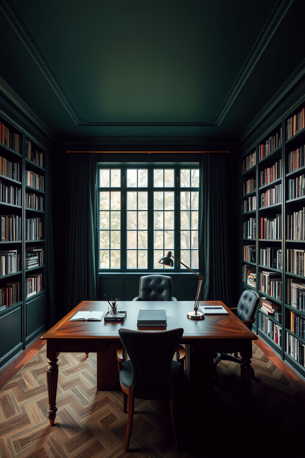 A deep green study room exudes a sense of tranquility and focus. The walls are painted in a rich dark hue, complemented by deep green curtains that frame the large windows, allowing soft natural light to filter through. A large wooden desk sits in the center of the room, adorned with stylish stationery and a sleek lamp. Bookshelves filled with an array of books line the walls, creating an inviting atmosphere for reading and reflection.