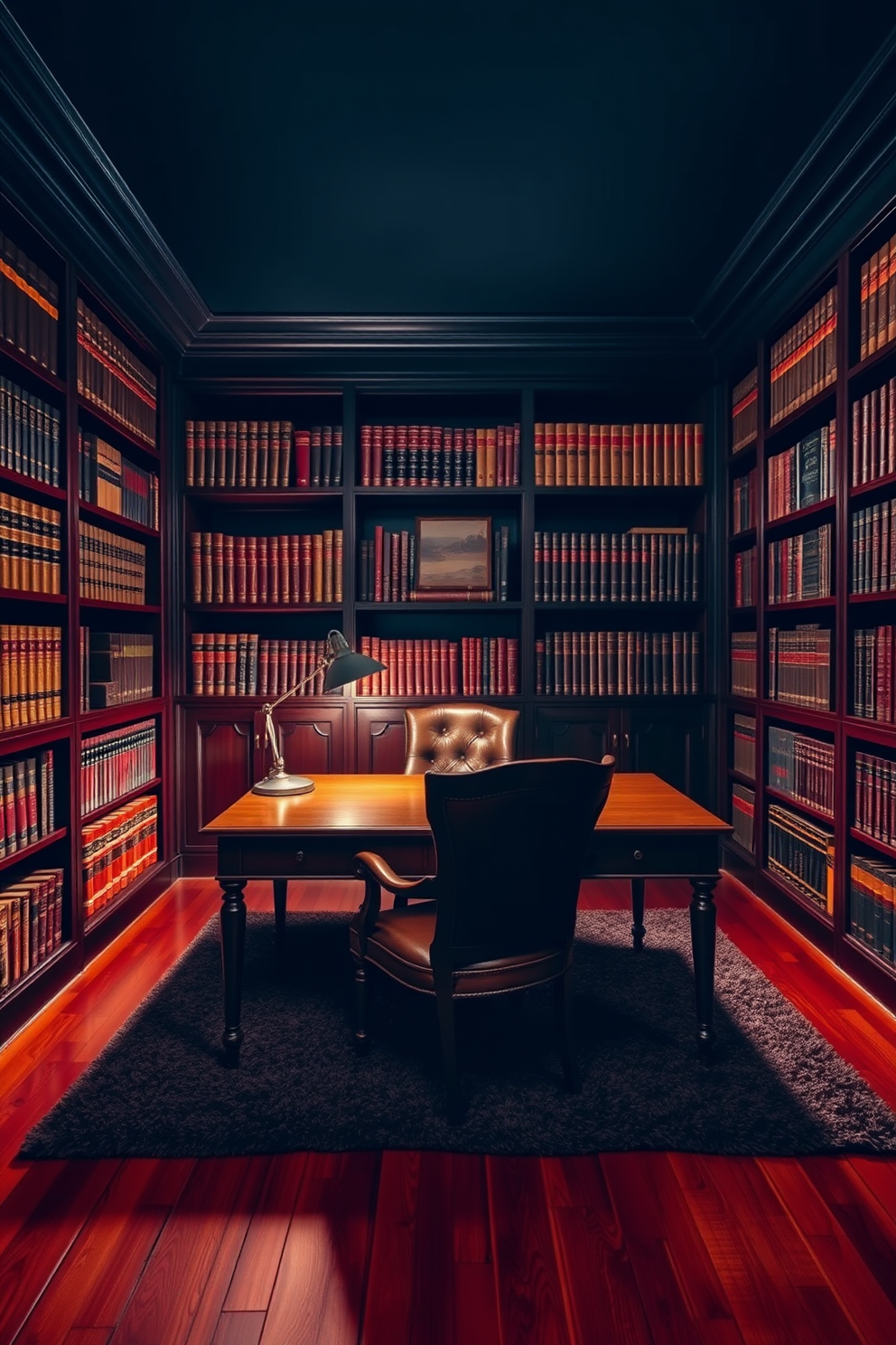 A dark study room featuring rich mahogany bookshelves filled with leather-bound books. The floor is covered with a plush textured rug that adds warmth and softness to the space. The walls are painted in a deep navy blue, creating a cozy and intimate atmosphere. A large wooden desk sits in the center, accompanied by a vintage leather chair and a stylish desk lamp for focused lighting.