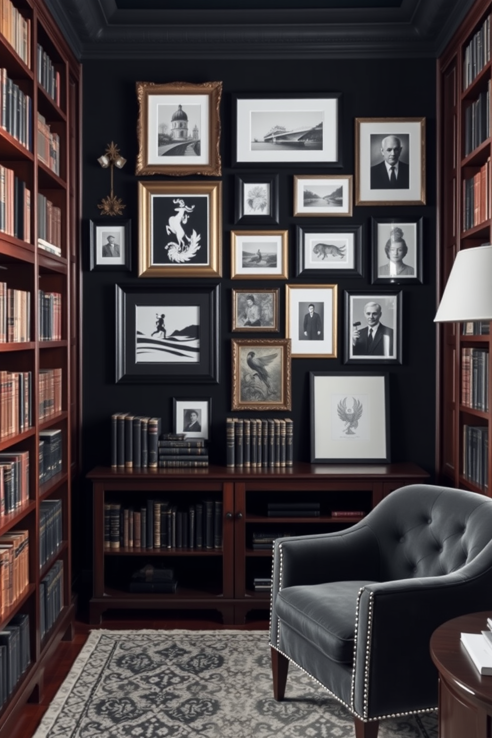 Layered rugs in a dark study room create a cozy and inviting atmosphere. The combination of textures adds depth while providing warmth underfoot. The walls are painted in a deep navy blue, complemented by dark wood bookshelves filled with books. A large, plush area rug anchors the space, layered with a smaller, patterned rug for visual interest.