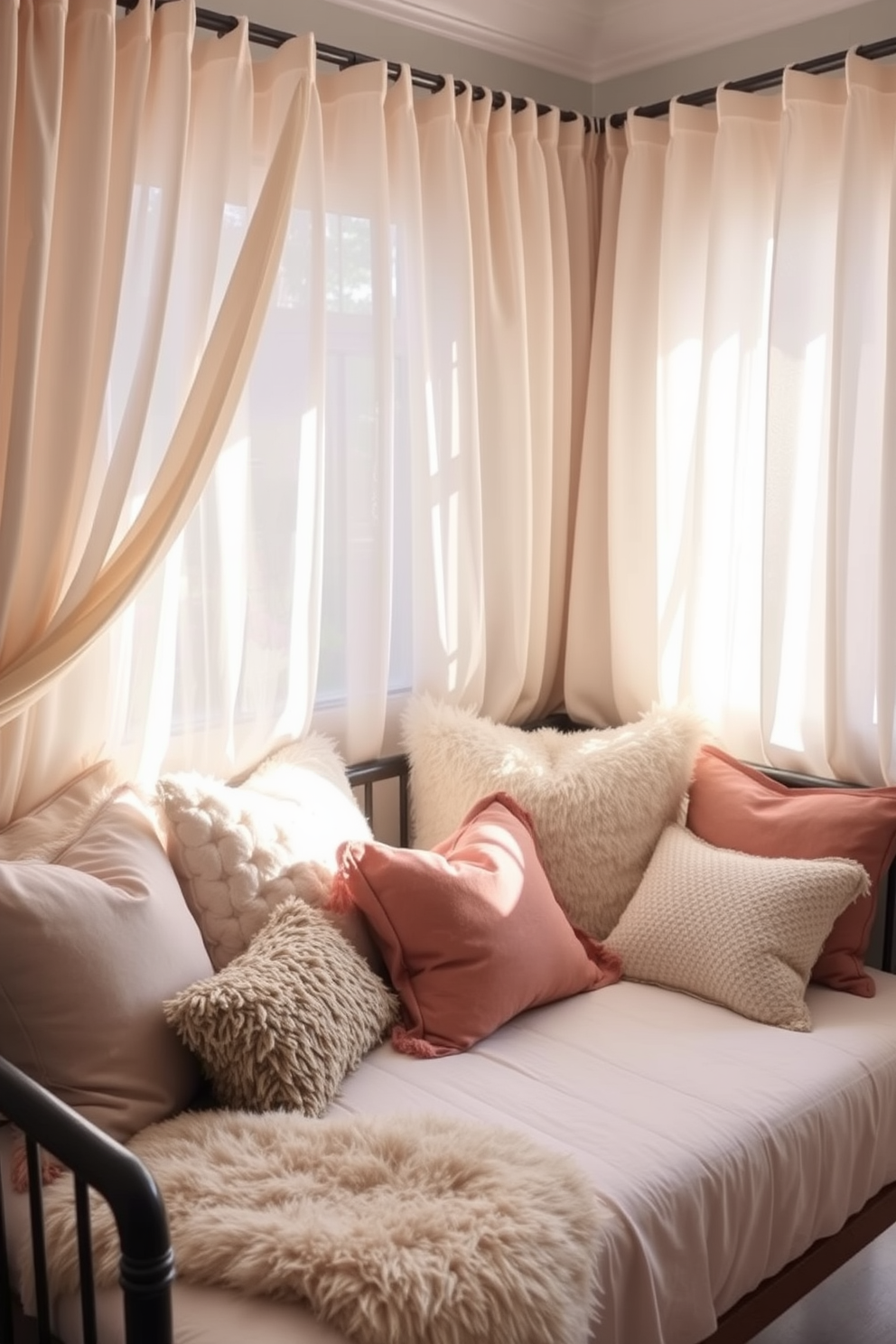 Cozy reading nook with plush pillows. A comfortable daybed is positioned in the corner, surrounded by a collection of colorful throw pillows and a warm blanket. Living room design ideas. The space features a blend of modern and vintage furniture, with a large area rug anchoring the seating arrangement and a stylish coffee table at the center.