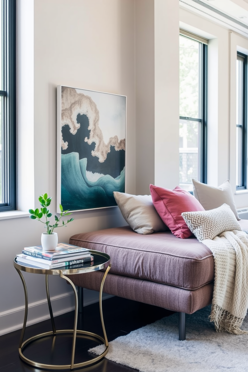 A cozy daybed is positioned against a wall adorned with soft, neutral tones. It is layered with an assortment of plush textiles, including a chunky knit throw and patterned cushions, creating an inviting atmosphere. The floor is covered with a mix of textured rugs, adding warmth and depth to the space. Natural light streams in through large windows, highlighting the elegant simplicity of the living room design.