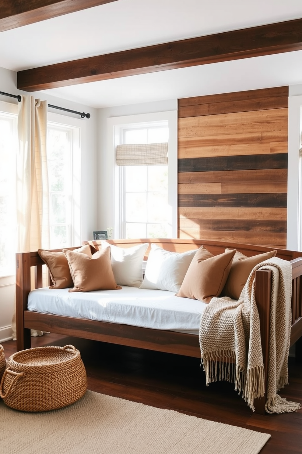 A neutral-toned daybed is the centerpiece of a serene living room. Soft textures and muted colors create a calming atmosphere, inviting relaxation and comfort. Surrounding the daybed, plush throw pillows in varying shades of beige and cream add depth and warmth. A light, airy rug beneath enhances the tranquil ambiance, while natural light filters through sheer curtains.