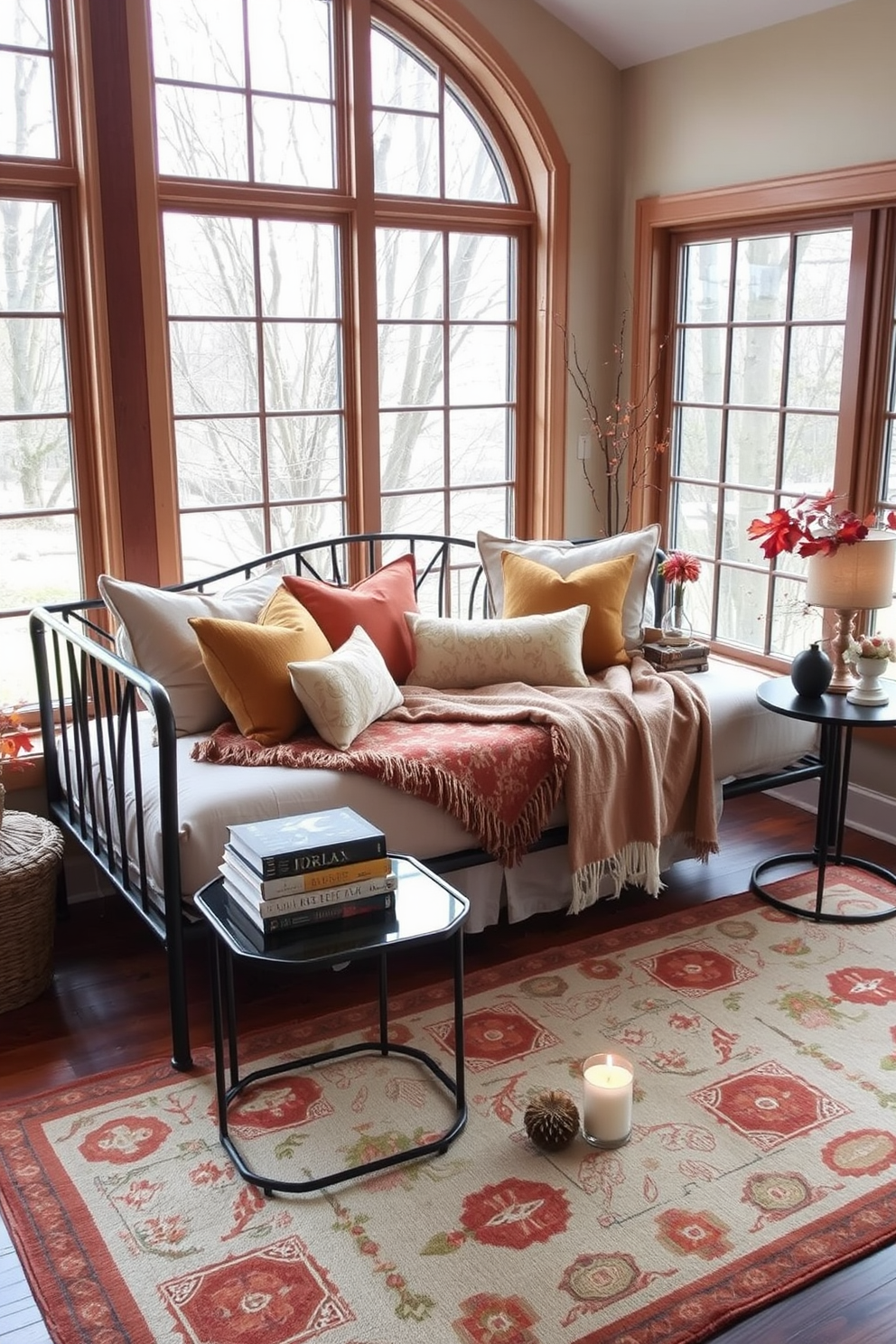 A stylish daybed is positioned in the living room, adorned with vibrant throw pillows that add a pop of color. The surrounding decor features neutral tones, creating a cozy and inviting atmosphere.