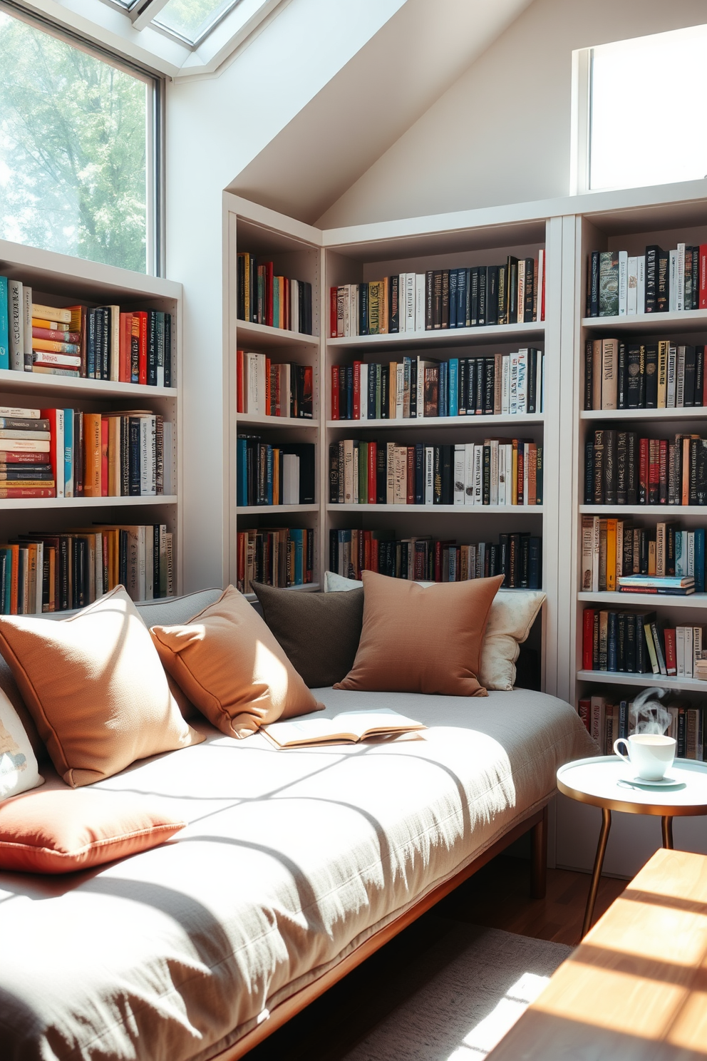 A cozy reading corner bathed in natural light features a plush daybed adorned with soft cushions. The walls are lined with bookshelves filled with an array of colorful books, and a small side table holds a steaming cup of tea.