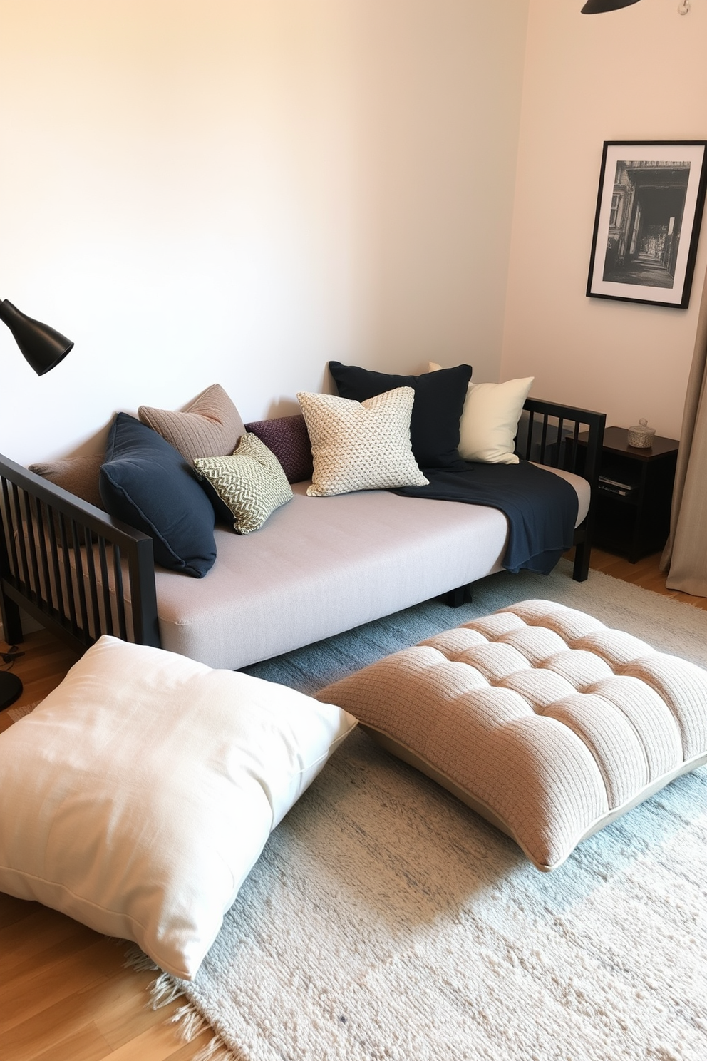 A cozy living room featuring a stylish daybed adorned with oversized floor cushions in various textures and colors. The space is enhanced by a soft area rug underneath and warm ambient lighting that creates an inviting atmosphere.