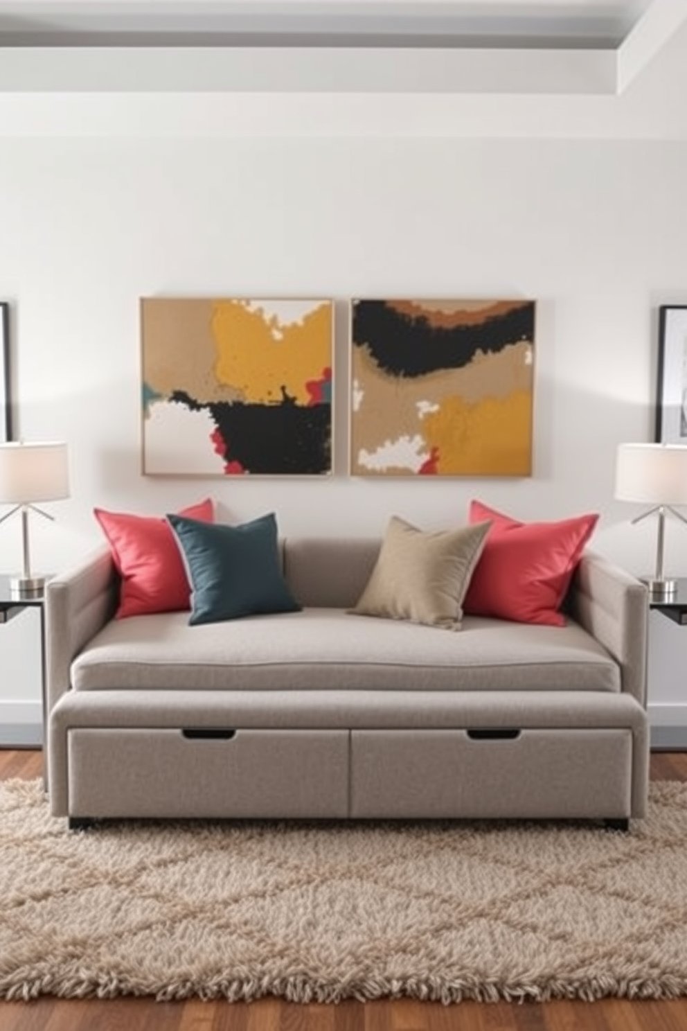 A cozy daybed is positioned against a wall adorned with an array of framed artwork, creating an inviting focal point in the living room. Soft cushions in complementary colors are scattered across the daybed, enhancing its comfort and style. The surrounding artwork features a mix of abstract and landscape pieces, adding visual interest and personality to the space. A stylish side table next to the daybed holds a decorative lamp and a stack of art books, perfect for leisurely reading.