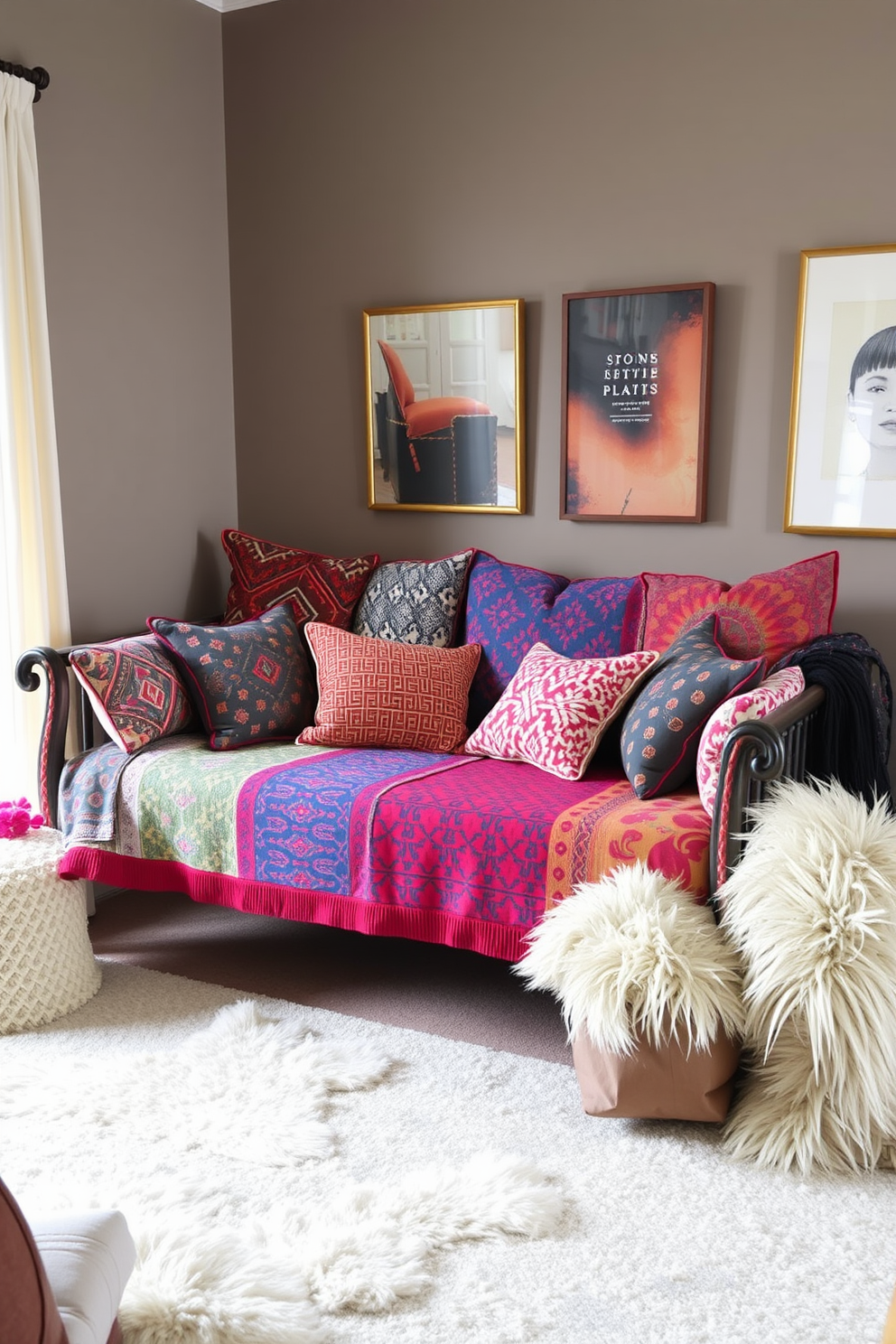 An eclectic daybed is the focal point of the living room, adorned with a variety of mixed patterns in vibrant colors. Surrounding the daybed are plush throw pillows that complement the diverse textiles, creating a cozy and inviting atmosphere.