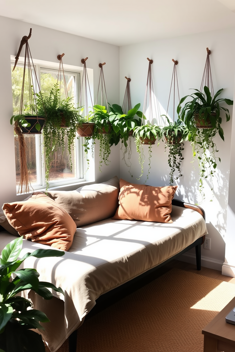 A bohemian style daybed is adorned with vibrant, eclectic fabrics that showcase a mix of patterns and colors. Surrounding the daybed are lush potted plants and a cozy assortment of throw pillows, creating a warm and inviting atmosphere in the living room. The walls are painted in a soft, neutral tone to enhance the vibrancy of the textiles. A colorful area rug anchors the space, while unique artwork and decorative accents add personality and charm to the overall design.