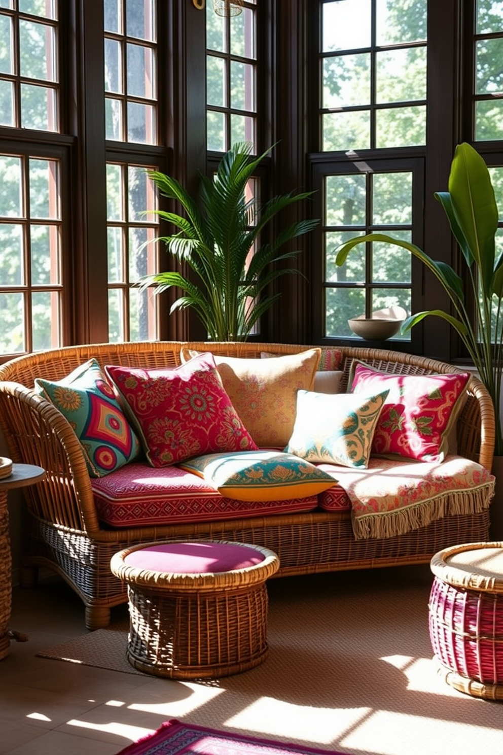 A cozy living room featuring a rattan daybed adorned with an array of colorful cushions in vibrant patterns. The space is brightened by natural light streaming through large windows, complementing the earthy tones of the rattan and the lively hues of the cushions.