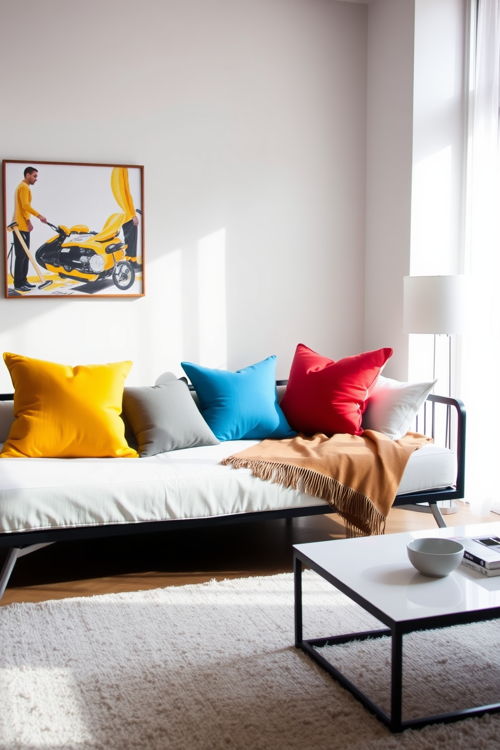 A stylish daybed is positioned in the center of a bright living room adorned with contrasting throw pillows in vibrant colors. The daybed is complemented by a soft area rug and a sleek coffee table, creating a cozy and inviting atmosphere.