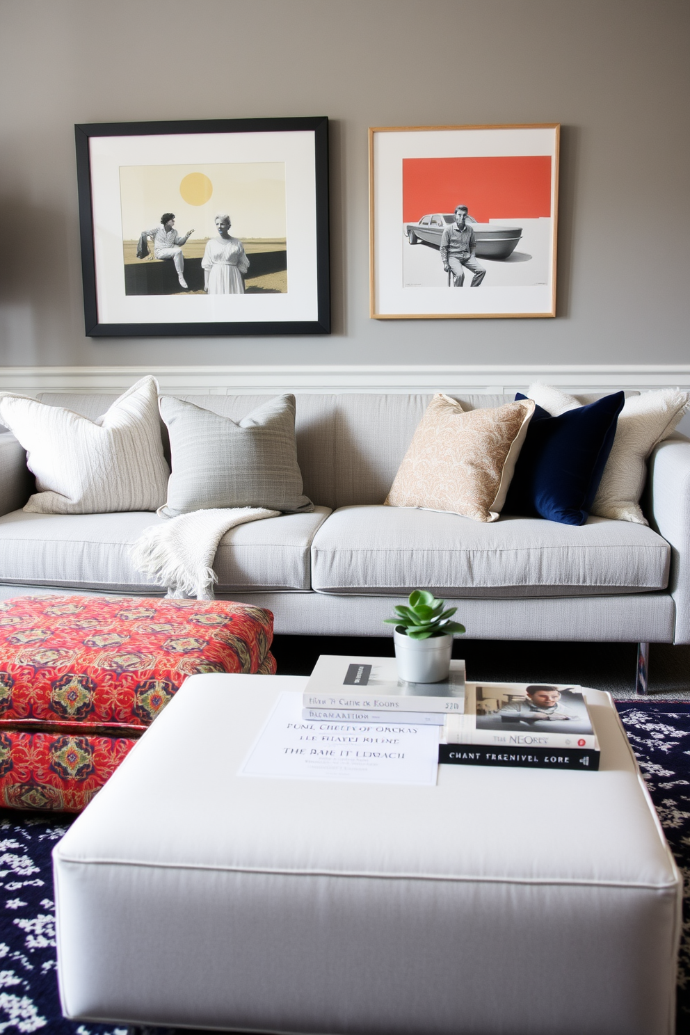 A chic living room featuring a daybed paired with a stylish ottoman. The daybed is upholstered in a soft gray fabric, while the ottoman complements it with a vibrant patterned design. Surrounding the daybed are decorative throw pillows in various textures and colors. A sleek coffee table sits nearby, adorned with a stack of art books and a small potted plant.