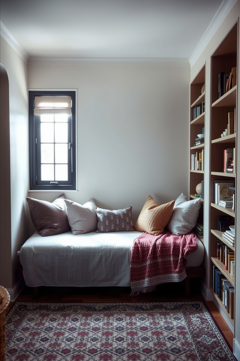 A cozy alcove space featuring a stylish daybed adorned with plush cushions in various textures and colors. Soft natural light filters in through a nearby window, illuminating the space and creating a warm and inviting atmosphere. The walls are painted in a soft neutral tone, while a patterned area rug adds a touch of character to the floor. Shelves filled with books and decorative items flank the alcove, enhancing the overall aesthetic and functionality of the living room design.