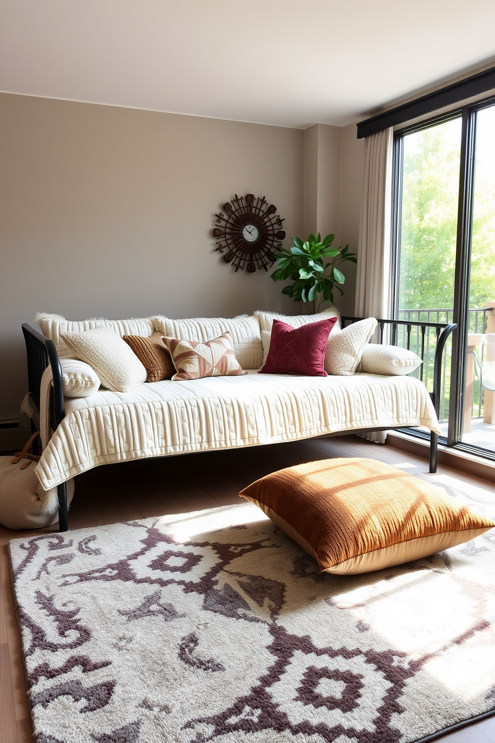 A cozy living room featuring a daybed adorned with a soft quilt for warmth. The daybed is positioned near a large window, allowing natural light to illuminate the space. Surrounding the daybed are plush throw pillows in various textures and colors. A stylish area rug anchors the seating arrangement, adding comfort and visual interest.