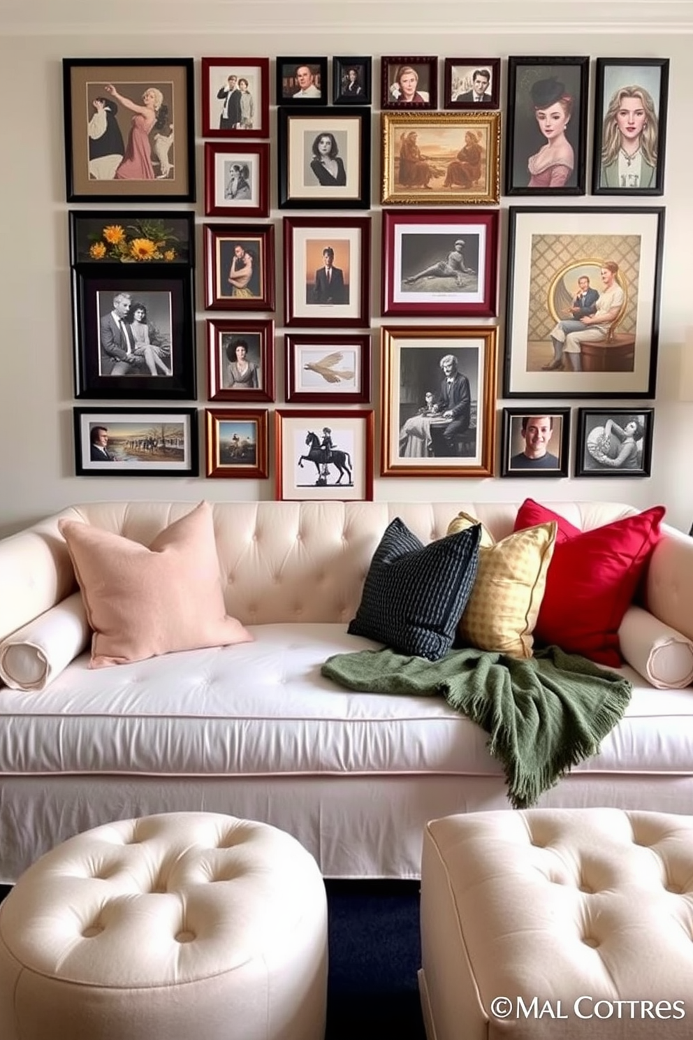 A chic daybed is elegantly positioned in a stylish living room, adorned with plush cushions in varying textures and colors. Behind the daybed, a captivating gallery wall showcases an array of framed art pieces and photographs, creating a vibrant focal point in the space.