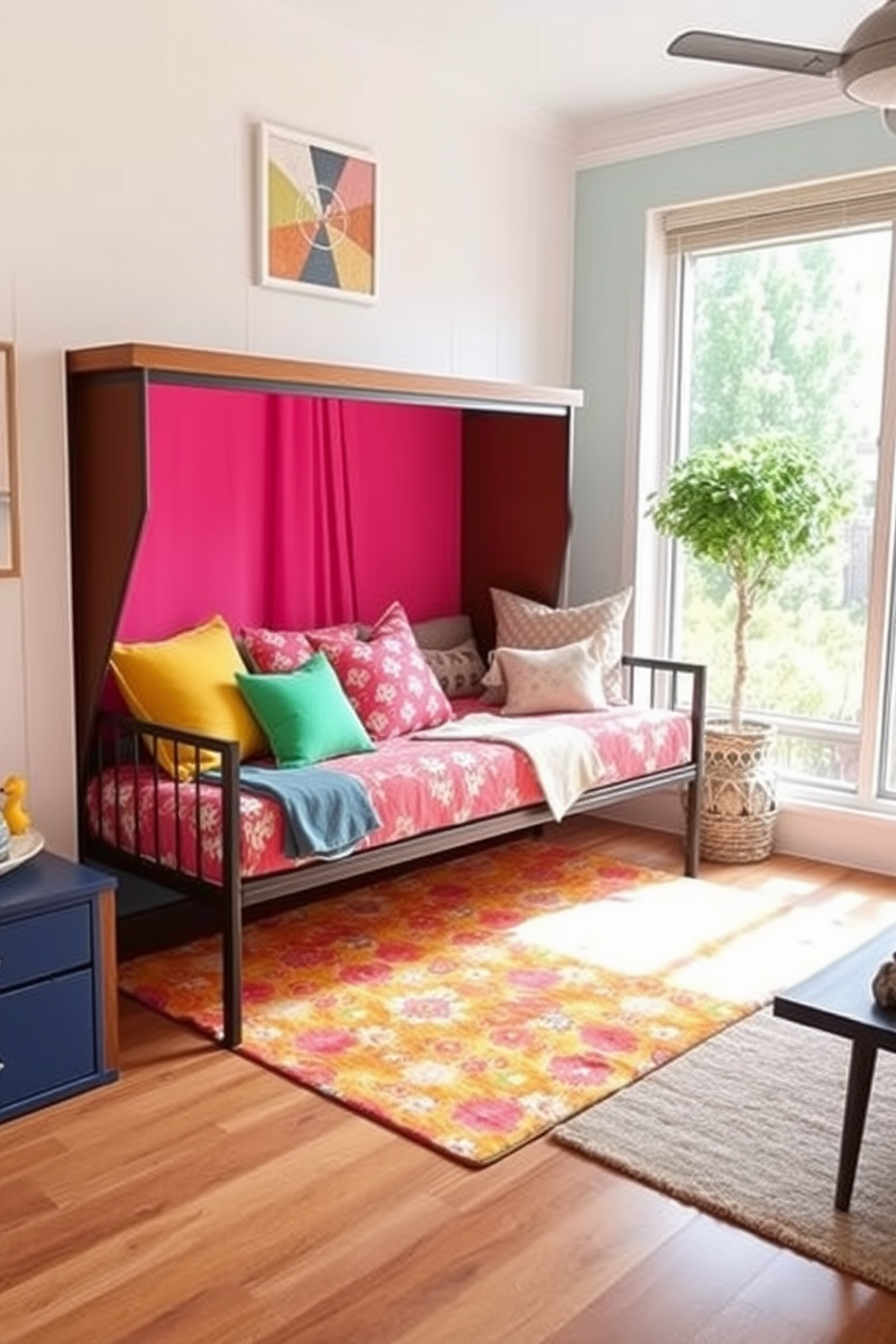 A cozy living room featuring a stylish daybed adorned with plush cushions in varying textures and colors. Above the daybed, decorative wall-mounted shelves display an assortment of books, plants, and curated art pieces, adding personality to the space. The walls are painted in a soft, neutral tone, creating a warm and inviting atmosphere. A patterned area rug beneath the daybed anchors the design, while warm lighting from a nearby floor lamp enhances the overall ambiance.