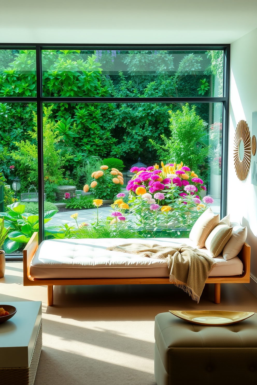 A serene daybed is positioned by a large window, offering an unobstructed view of a lush garden filled with vibrant flowers and greenery. The daybed features soft, plush cushions in pastel hues, complemented by a cozy throw blanket draped across one side. The living room is designed with an open layout, allowing natural light to flood the space and create an inviting atmosphere. Stylish accents such as a sleek coffee table and artistic wall decor enhance the overall aesthetic, making it a perfect spot for relaxation and enjoyment.