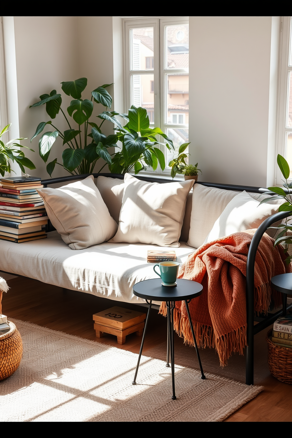 A cozy daybed is adorned with an array of vintage books stacked neatly on one side. Soft cushions in muted tones provide comfort, while a warm throw blanket drapes casually over the edge. The daybed is positioned in a sunlit corner of the living room, surrounded by lush indoor plants. A small side table holds a steaming cup of tea, inviting relaxation and leisurely reading.