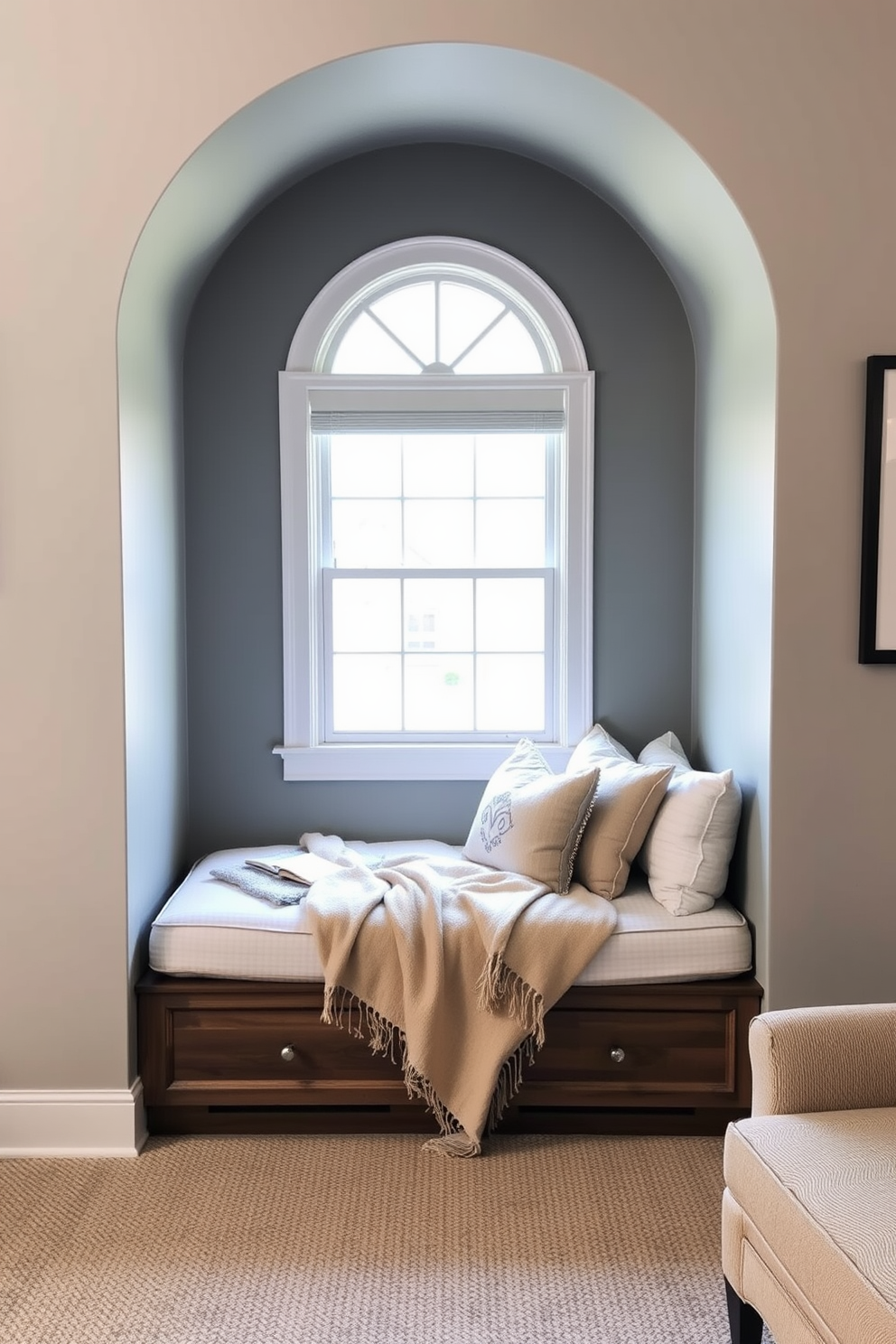 A cozy living room features a built-in daybed nestled under a charming window nook. The daybed is adorned with plush cushions and a soft throw blanket, creating an inviting space for relaxation.