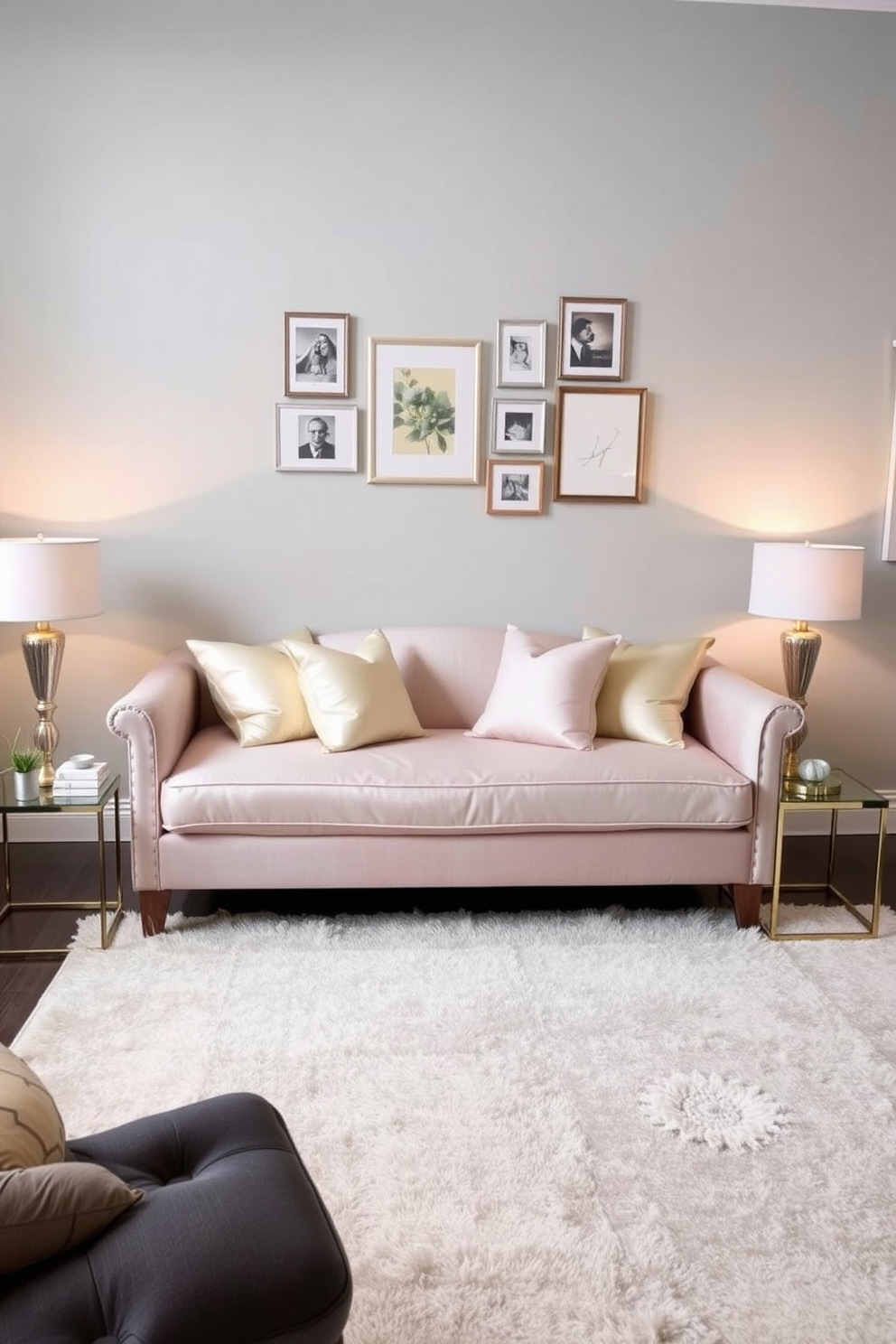 An elegant daybed is positioned against a soft gray wall, adorned with luxurious silk cushions in various shades of cream and blush. A plush area rug in a subtle geometric pattern lies beneath, adding warmth and texture to the living room space. Flanking the daybed are two stylish side tables, each topped with decorative lamps that cast a warm glow. A gallery wall featuring framed art pieces adds personality and charm to the overall design.