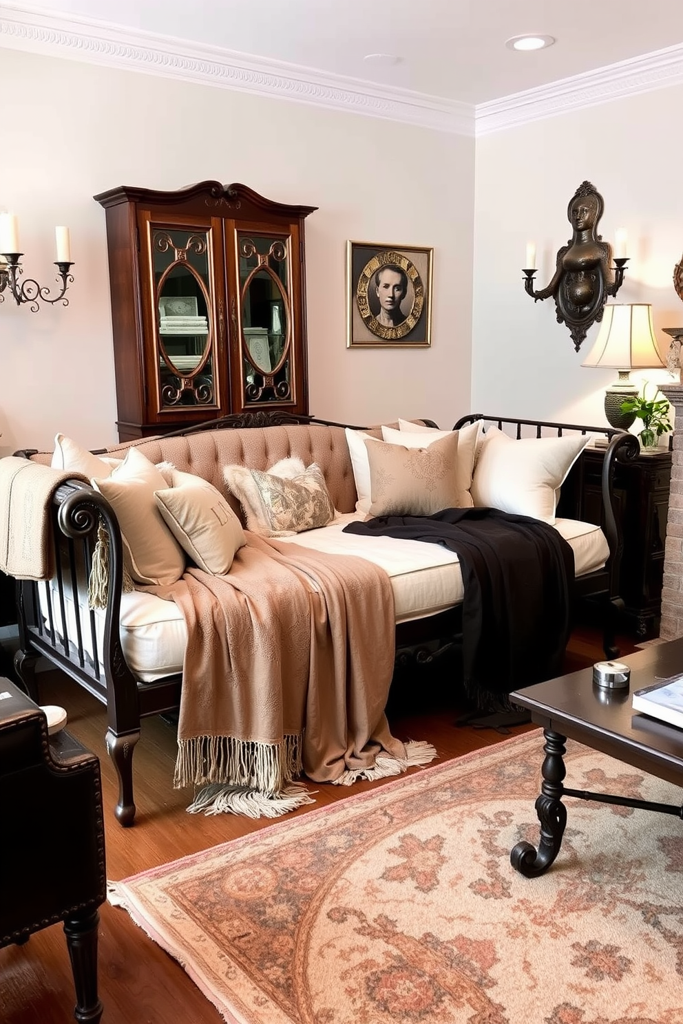 A vintage daybed adorned with elegant throw blankets sits prominently in a cozy living room. The space is accented with soft lighting and a mix of antique and modern decor elements that create a warm and inviting atmosphere.