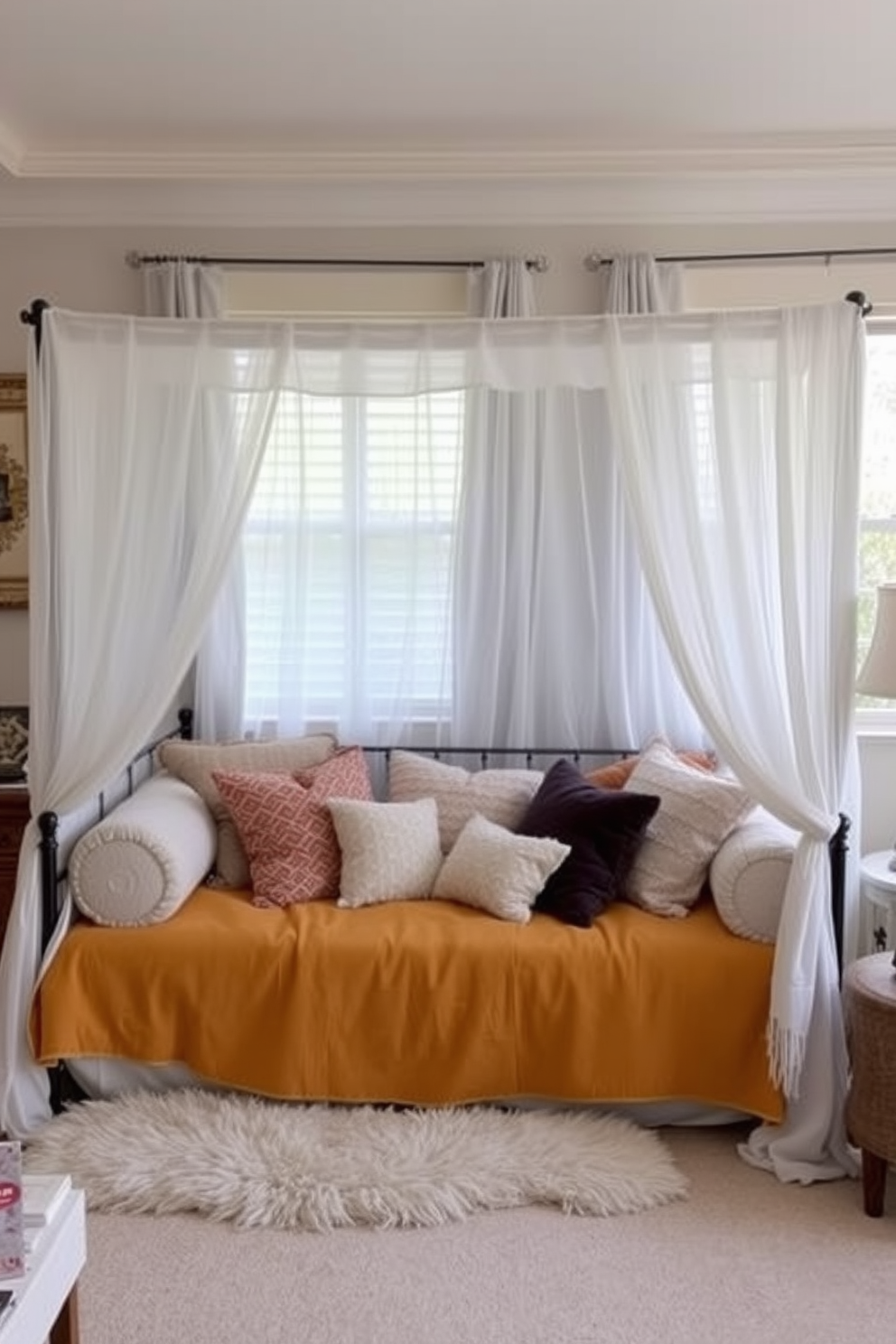 A cozy living room features a daybed with a soft canopy providing a sense of privacy. The daybed is adorned with plush cushions in various textures and colors, creating an inviting and relaxed atmosphere.