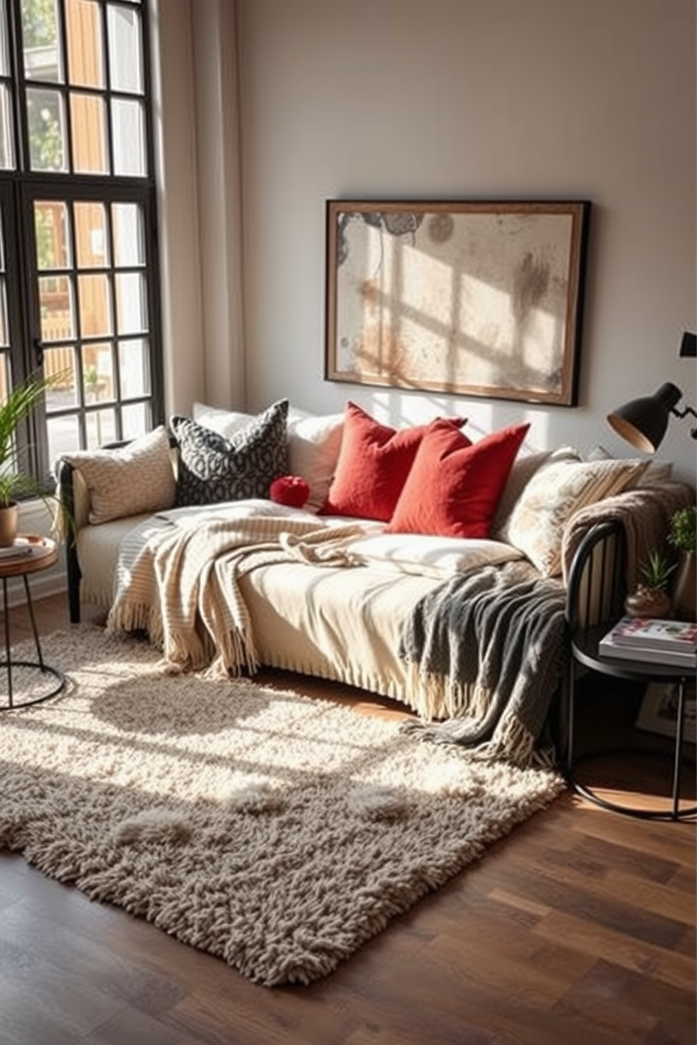 A vintage daybed with ornate detailing is the focal point of the living room. The daybed features intricate carvings and plush upholstery, creating a cozy yet elegant atmosphere. Surrounding the daybed, a mix of decorative pillows adds color and texture. Soft lighting from a nearby floor lamp enhances the inviting ambiance of the space.