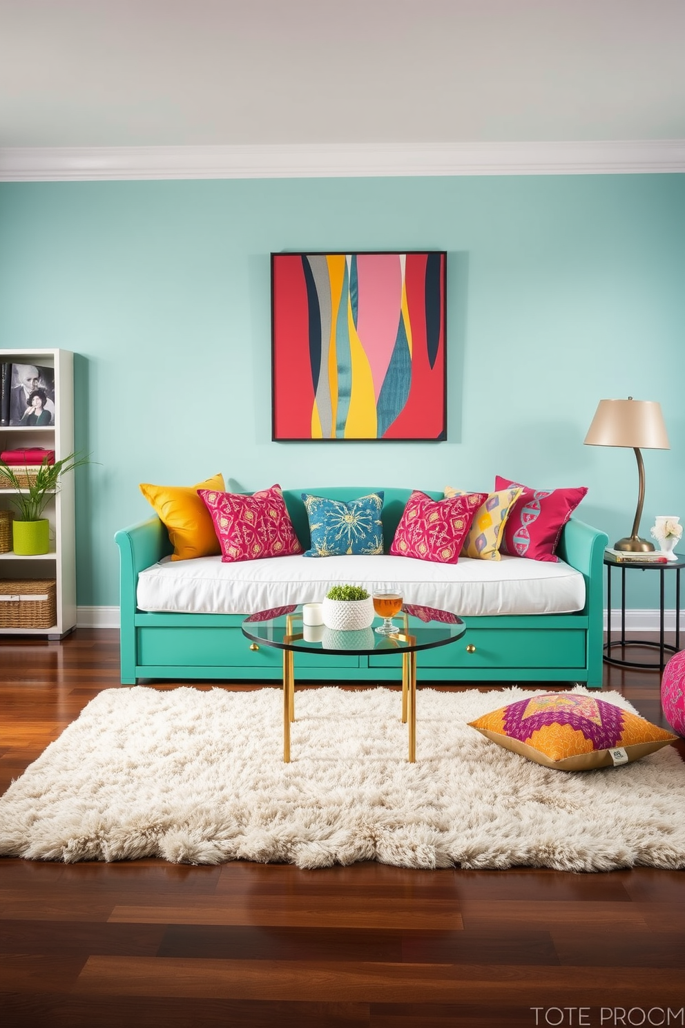 A brightly colored daybed serves as the focal point in a vibrant living room. Surrounding the daybed are eclectic throw pillows and a soft area rug that complements the cheerful hues.