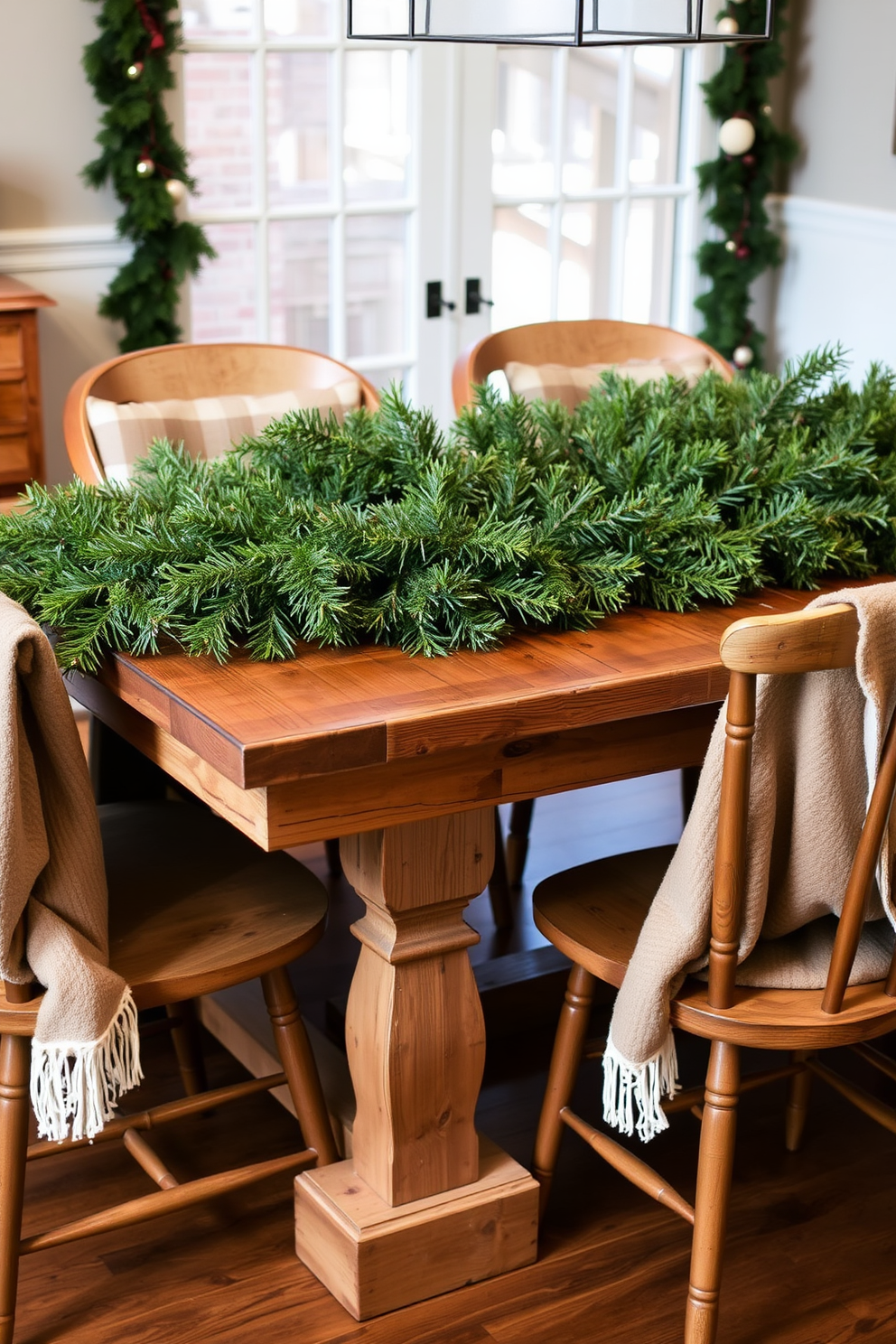 A rustic wooden table is adorned with lush evergreen garlands, creating a warm and inviting atmosphere for holiday gatherings. Surrounding the table are mismatched chairs, each draped with soft, cozy blankets to enhance the festive spirit.